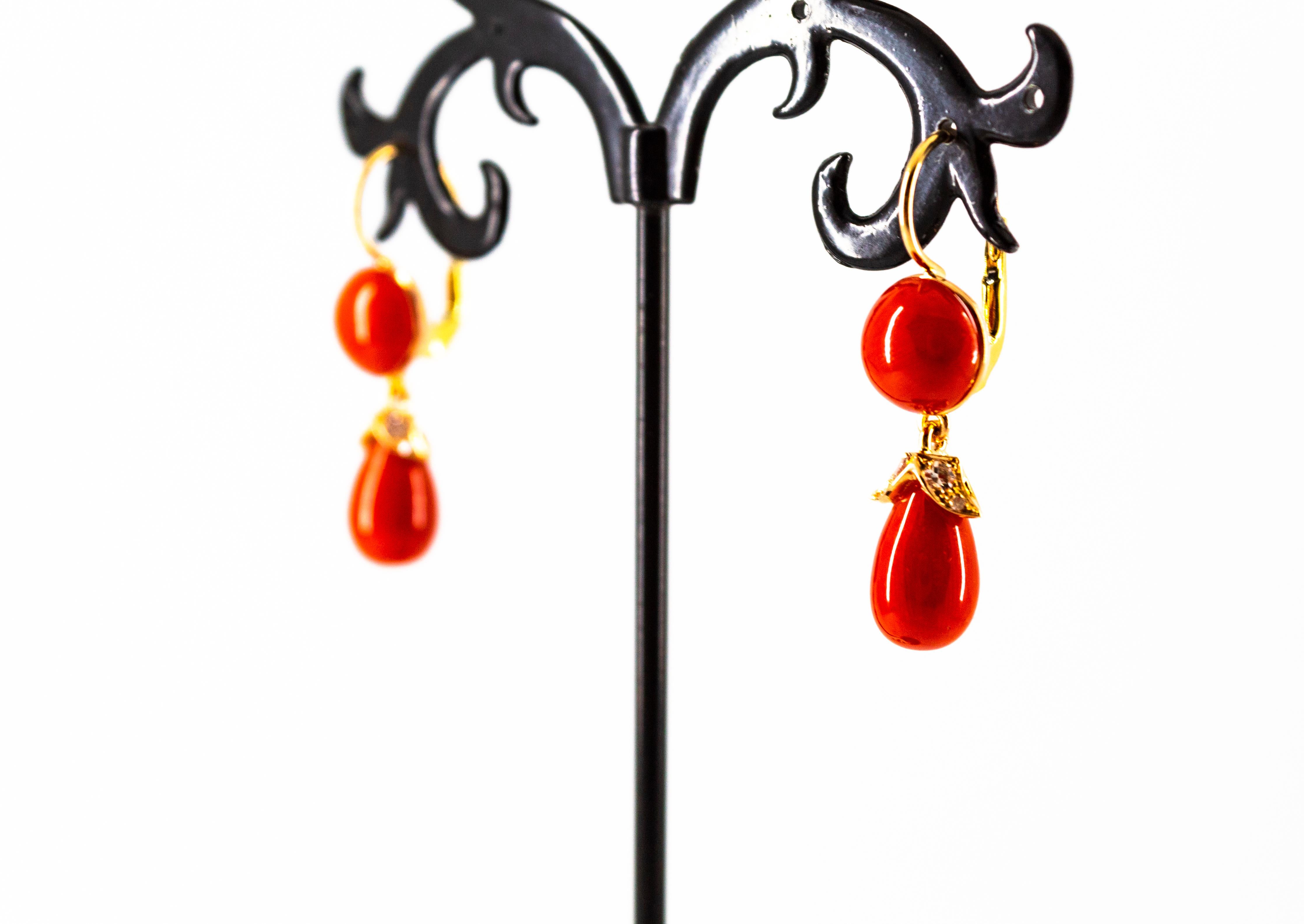 Mediterranean Red Coral 0.20 Carat White Diamond Yellow Gold Lever-Back Earrings 2