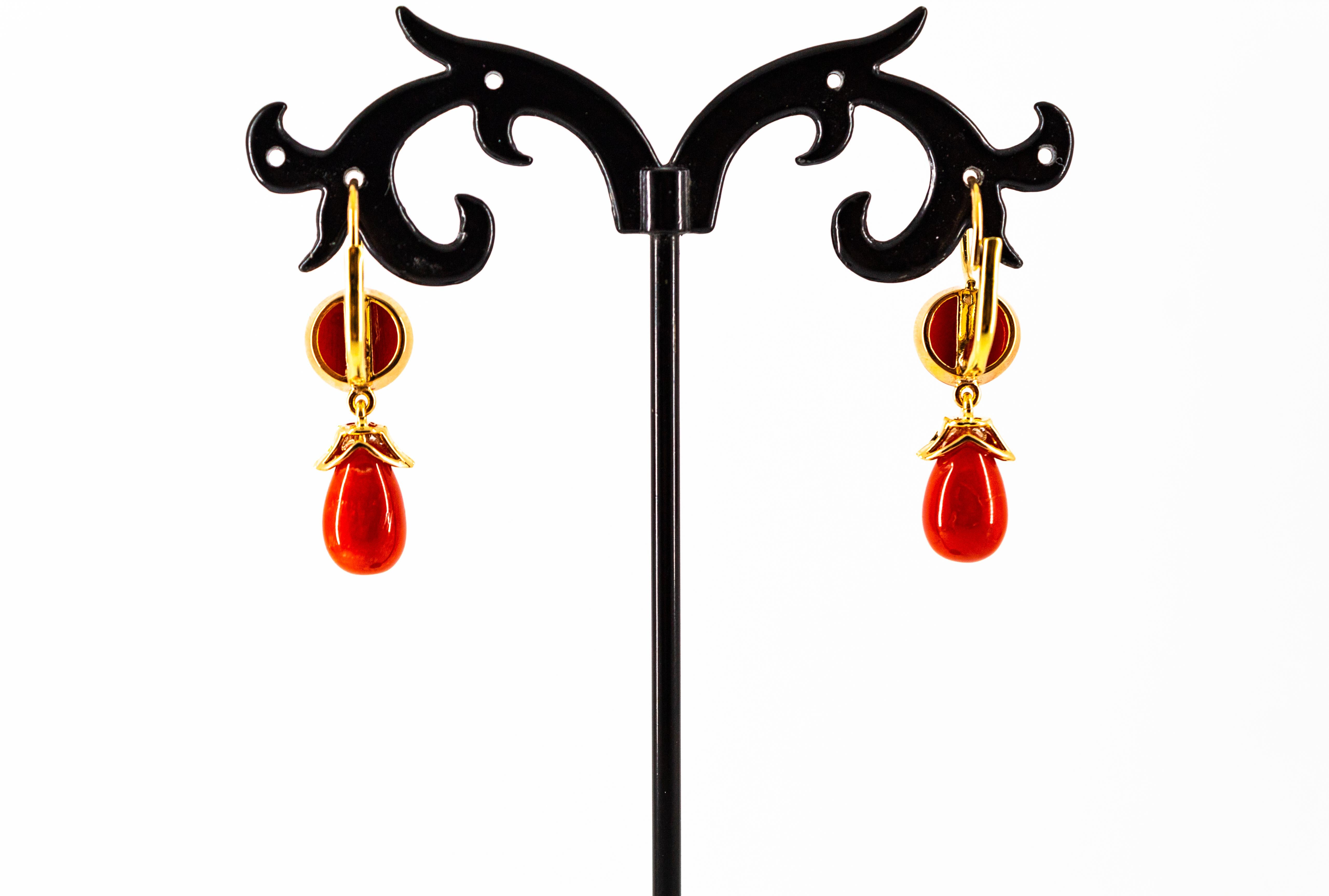 Mediterranean Red Coral 0.20 Carat White Diamond Yellow Gold Lever-Back Earrings For Sale 3