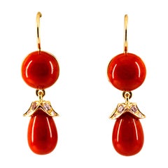 Mediterranean Red Coral 0.20 Carat White Diamond Yellow Gold Lever-Back Earrings