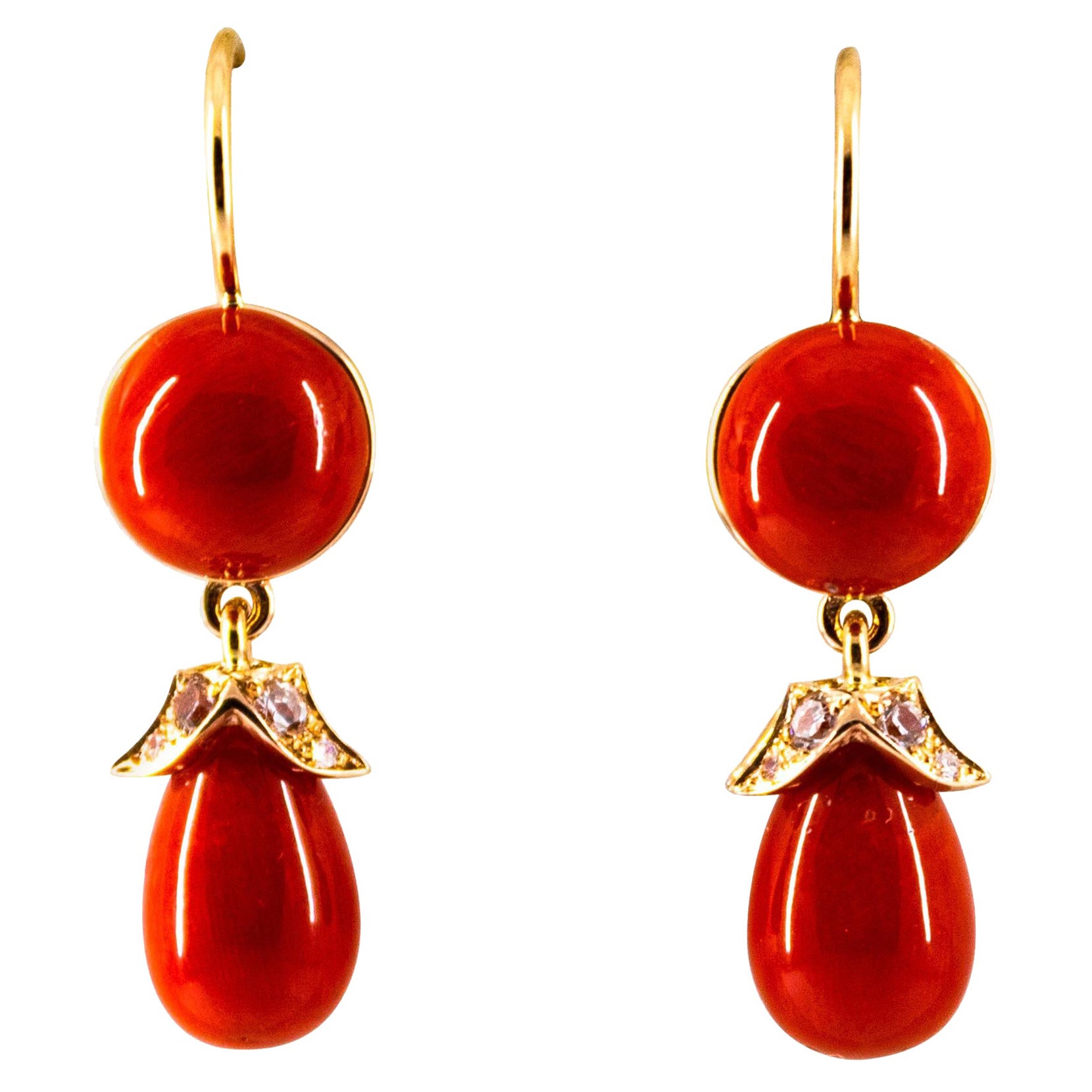 Mediterranean Red Coral 0.20 Carat White Diamond Yellow Gold Lever-Back Earrings For Sale