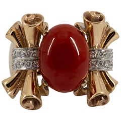 Mediterranean Red Coral 0.30 Carat Diamond Yellow Gold Cocktail Ring