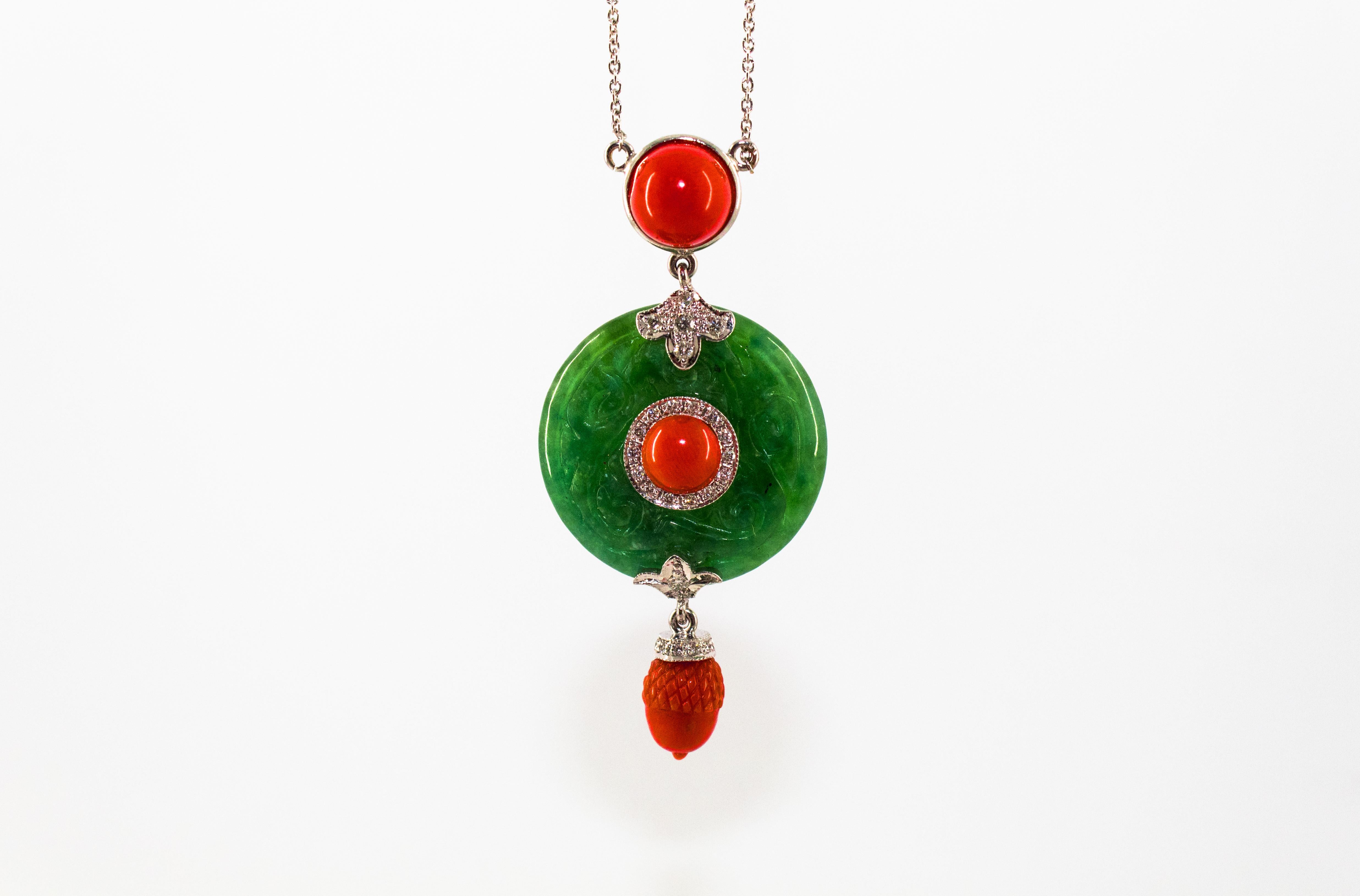 This Necklace is made of 14K White Gold.
This Necklace has 0.31 Carats of White Diamonds.
This Necklace has also Jadeite and Mediterranean (Sardinia, Italy) Red Coral.
The Length of the Necklace is 45cm.
We're a workshop so every piece is handmade,