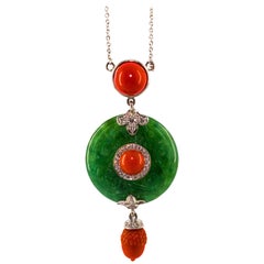 Mediterranean Red Coral 0.31 Carat White Diamond Jade White Gold Necklace