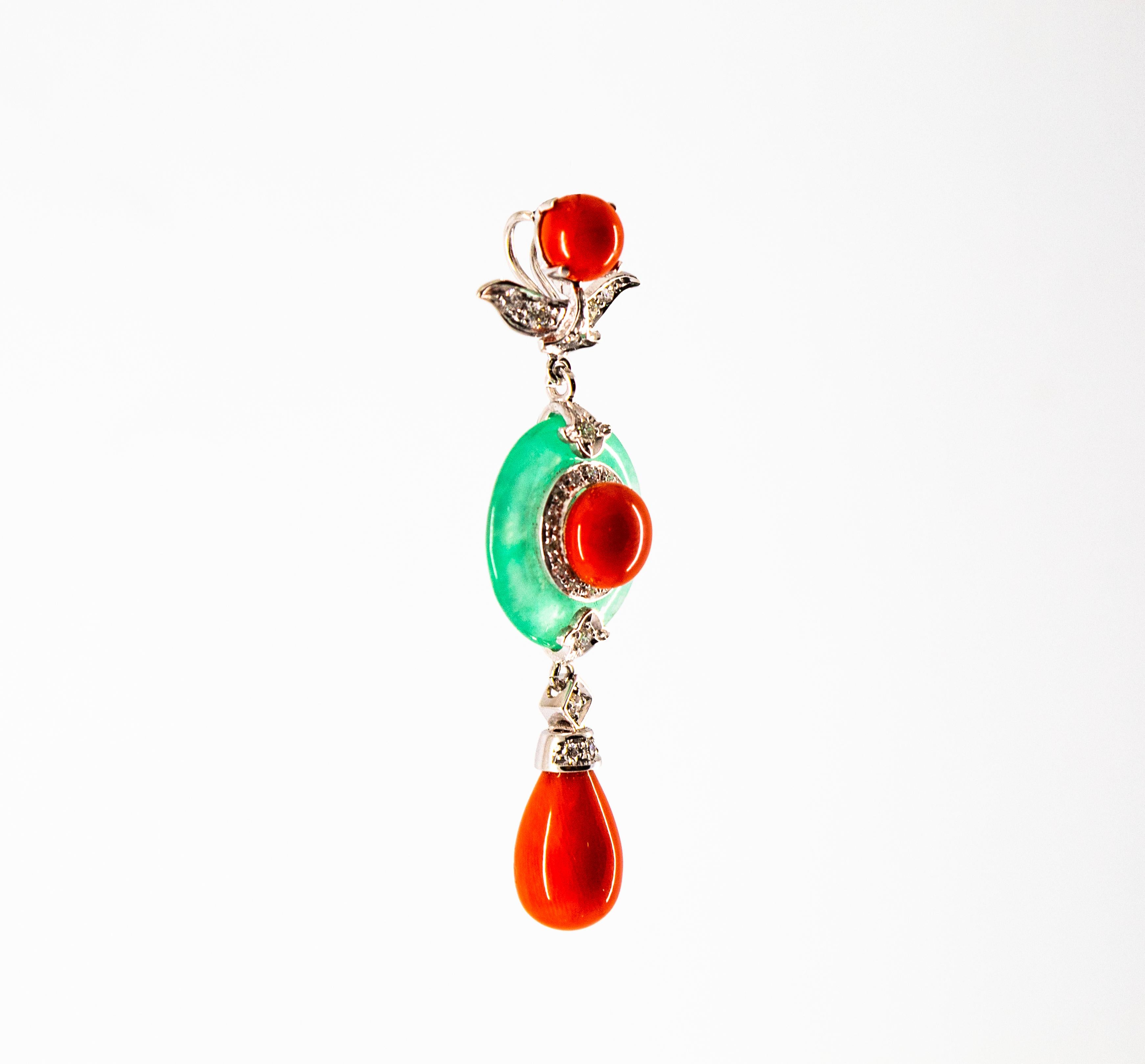 Mediterranean Red Coral 0.32 Carat White Diamond Jade White Gold Pendant In New Condition For Sale In Naples, IT