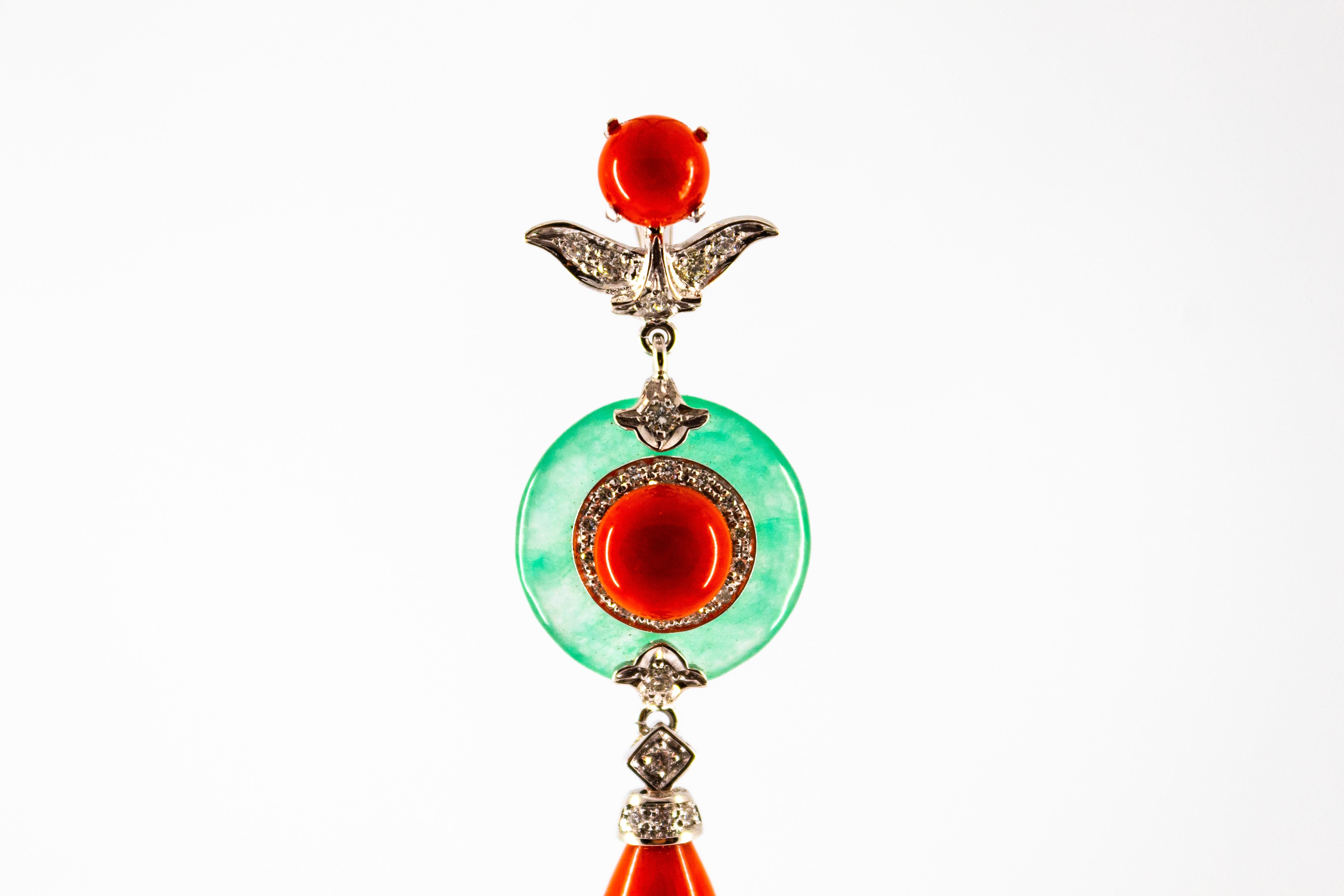 Mediterranean Red Coral 0.32 Carat White Diamond Jade White Gold Pendant For Sale 1