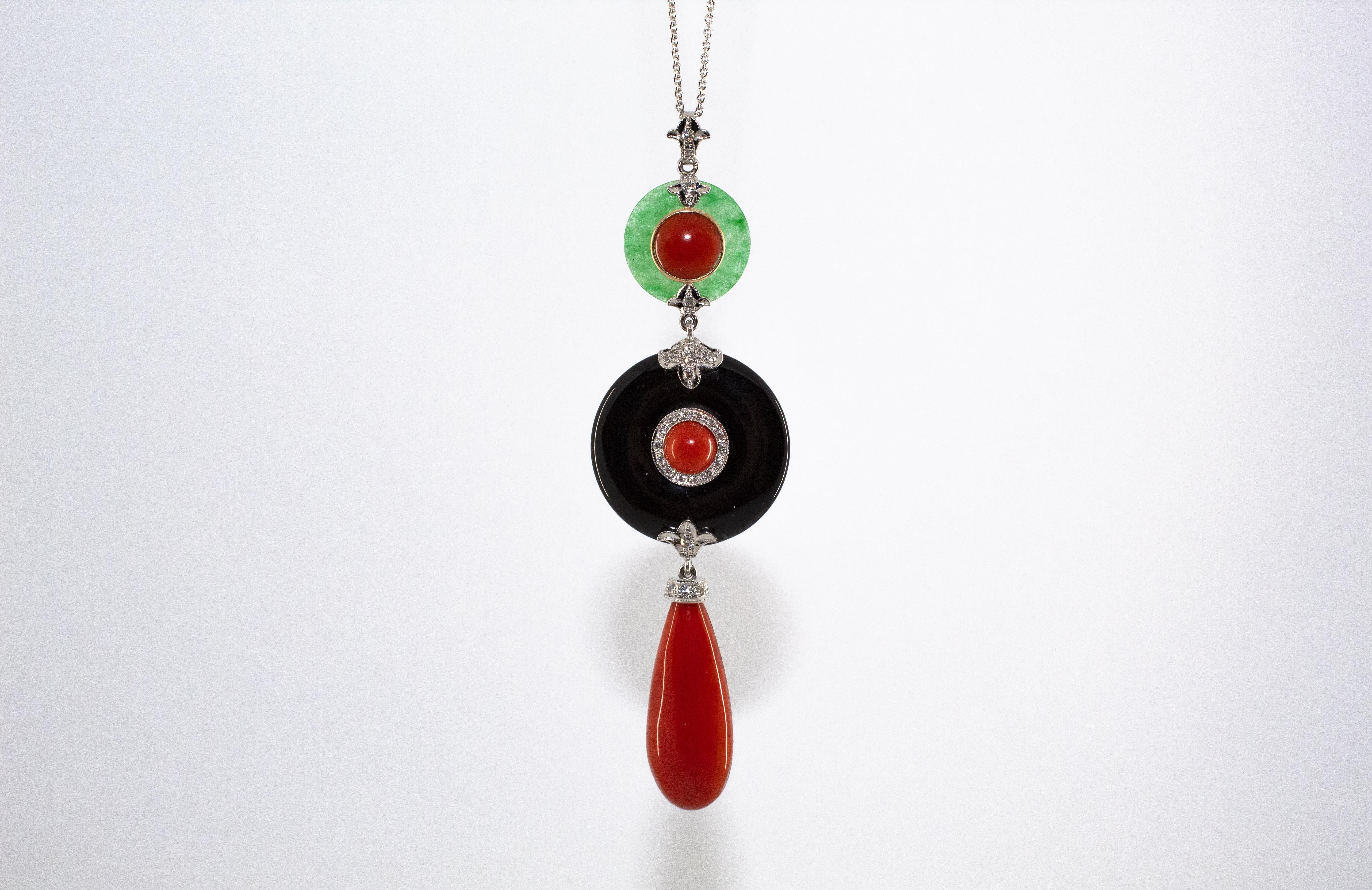 This Necklace is made of 14K White and Yellow Gold.
This Necklace has 0.35 Carats of White Diamonds.
This Necklace has also Jadeite, Onyx and Mediterranean (Sardinia, Italy) Red Coral.
The Length of the Necklace is 45cm.
We're a workshop so every