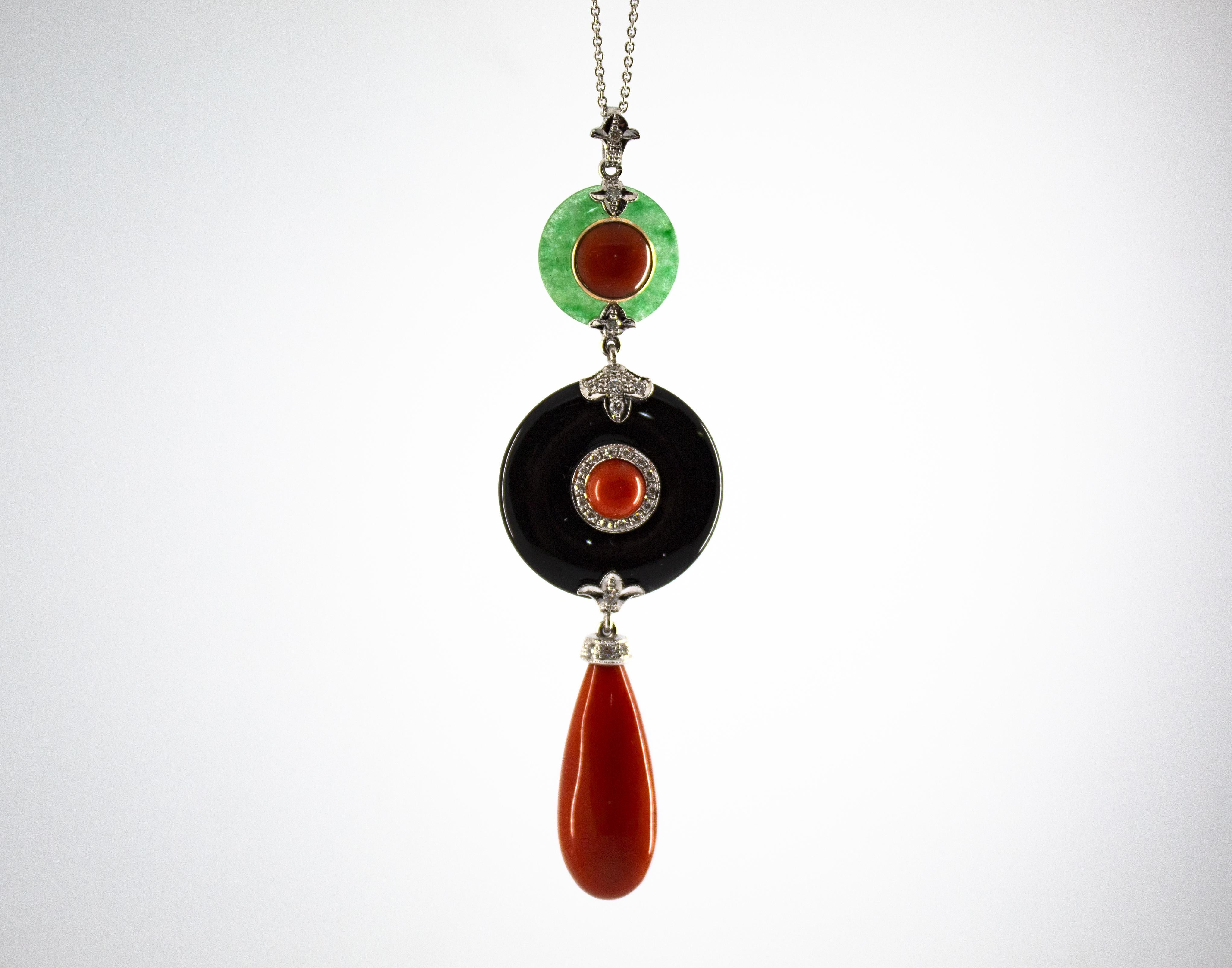 Mediterranean Red Coral 0.35 Carat White Diamond Jade Onyx White Gold Necklace In New Condition In Naples, IT