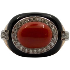 Mediterranean Red Coral 0.35 Carat White Diamond Onyx Yellow Gold Cocktail Ring