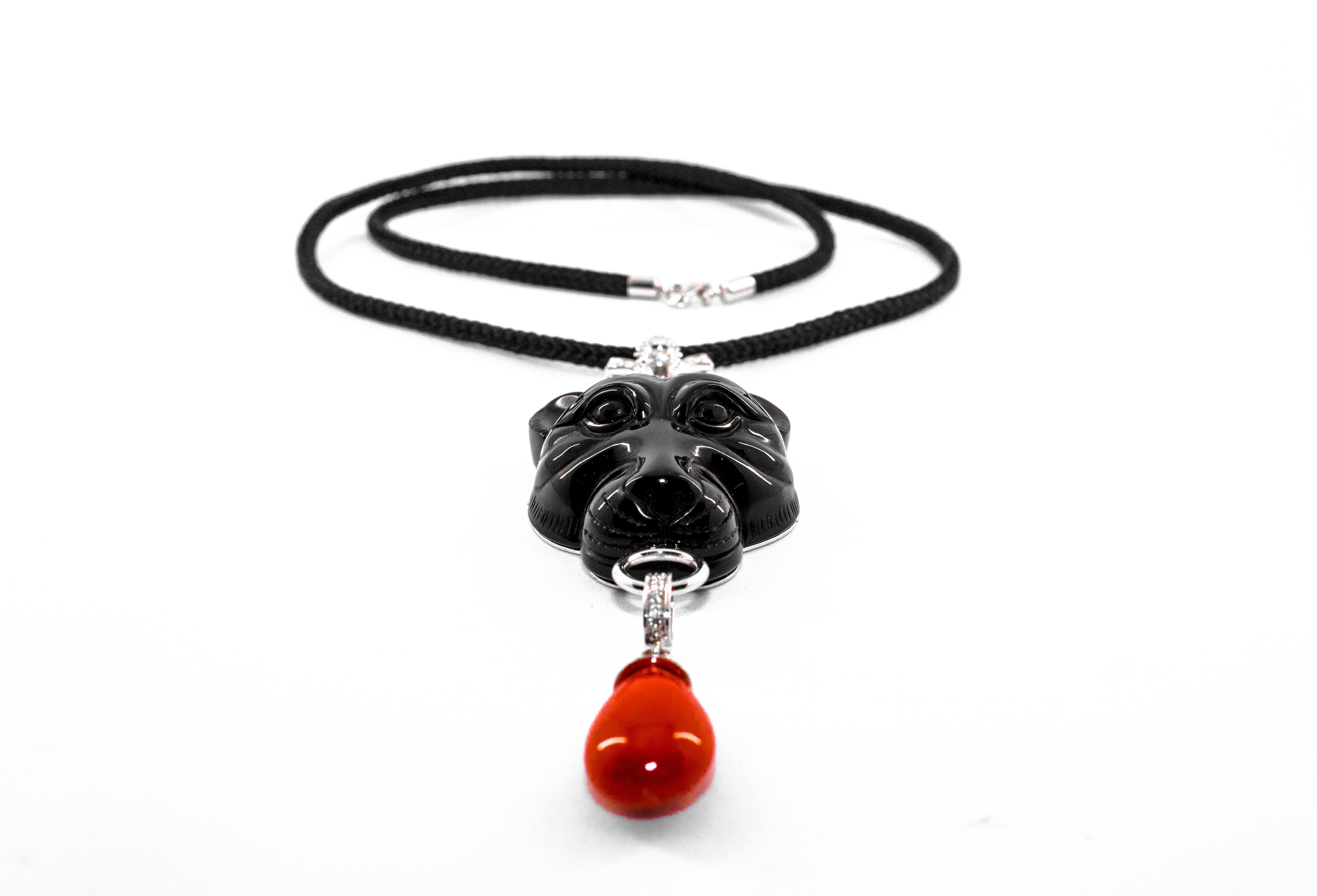 This Necklace is made of 18K White Gold and Onyx.
This Necklace has 0.35 Carats of White Diamonds.
This Necklace has Mediterranean (Sardinia, Italy) Red Coral.
The Necklace length is 50cm.
We're a workshop so every piece is handmade, customizable