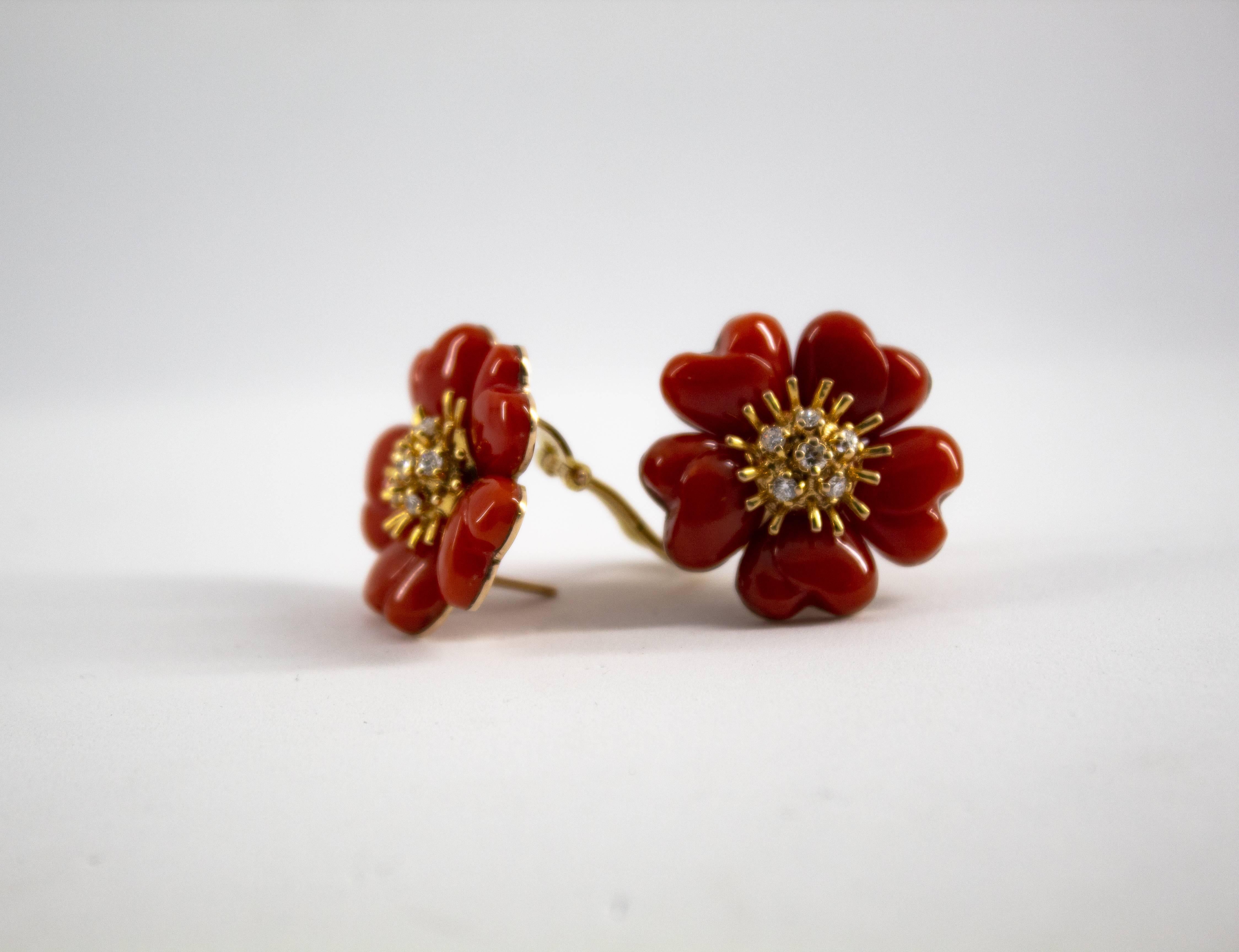 Mediterranean Red Coral 0.40 Carat Diamond Yellow Gold Clip-On Flowers Earrings 5