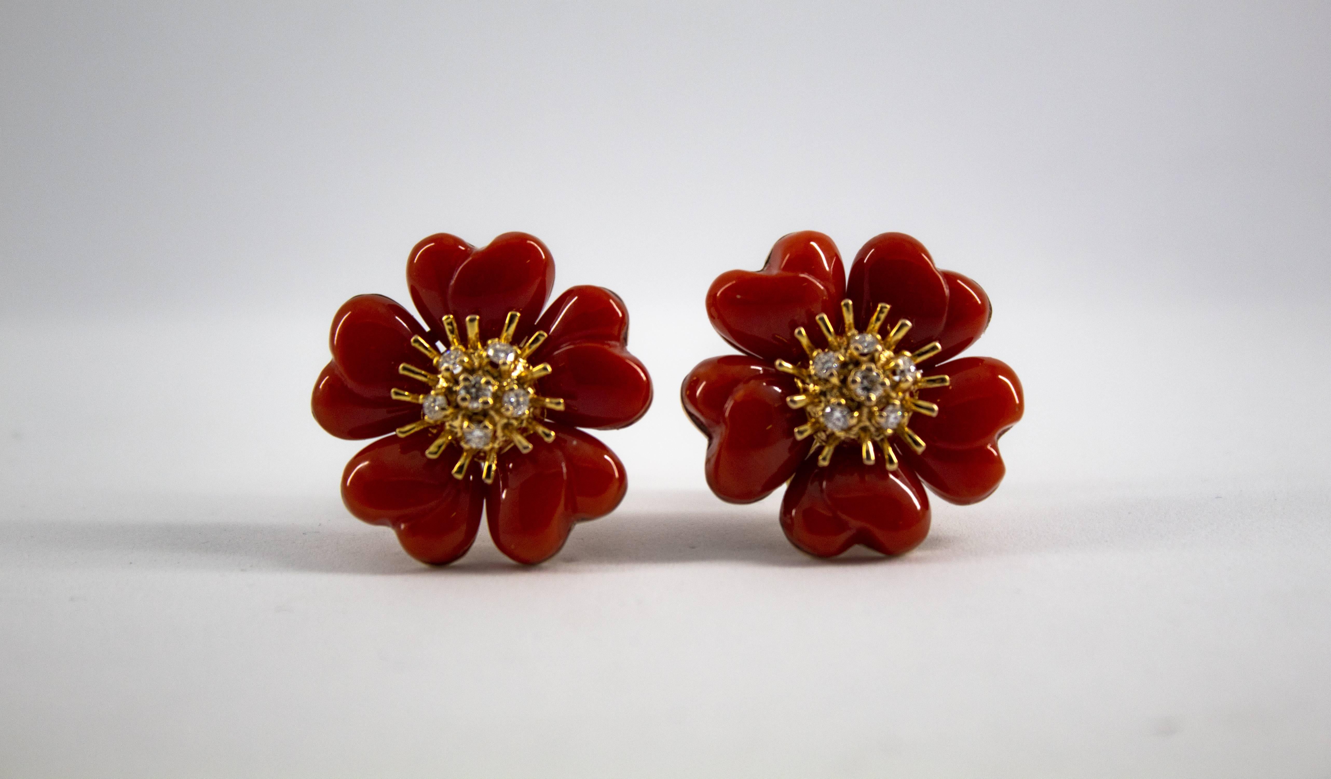 Art Nouveau Mediterranean Red Coral 0.40 Carat Diamond Yellow Gold Clip-On Flowers Earrings