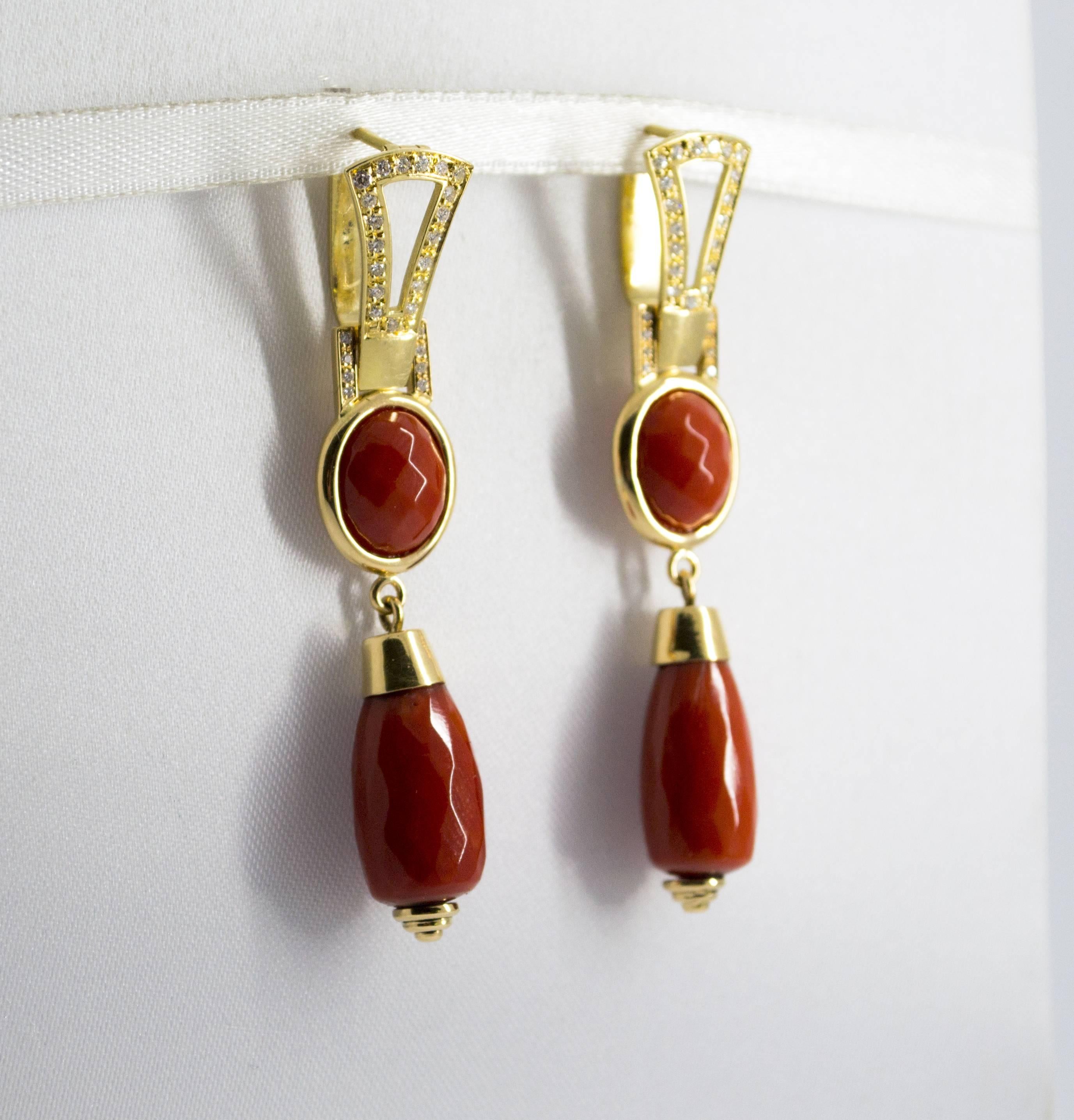 Renaissance Mediterranean Red Coral 0.40 Carat White Diamond Yellow Gold Lever-Back Earrings