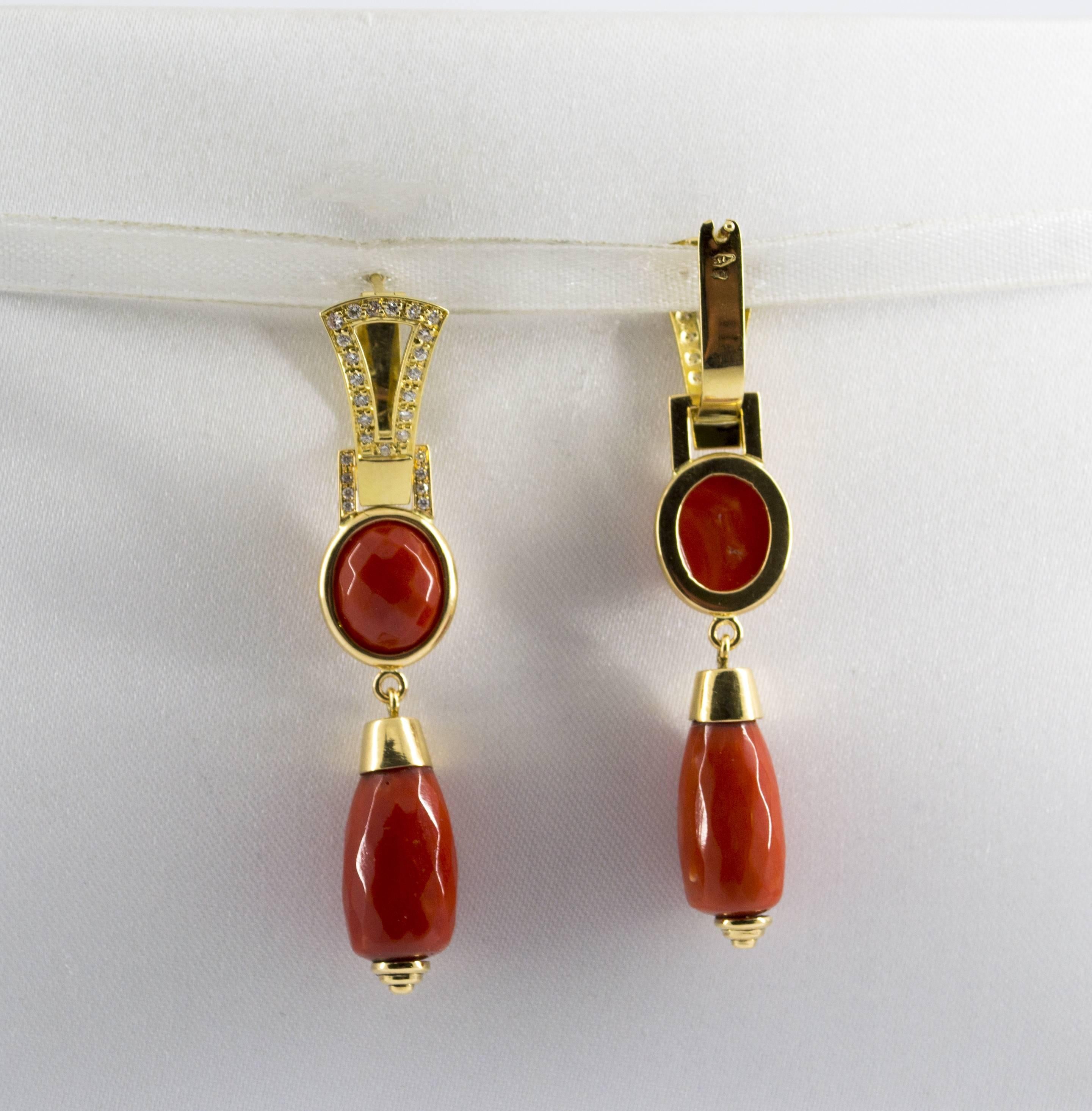 Mediterranean Red Coral 0.40 Carat White Diamond Yellow Gold Lever-Back Earrings 1