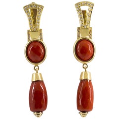 Mediterranean Red Coral 0.40 Carat White Diamond Yellow Gold Lever-Back Earrings