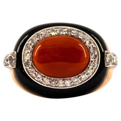 Mediterranean Red Coral 0.40 Carat White Diamond Onyx Yellow Gold Cocktail Ring