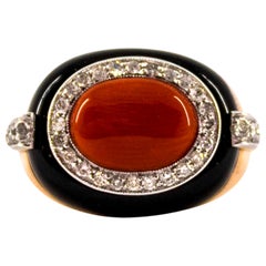 Mediterranean Red Coral 0.40 Carat White Diamond Onyx Yellow Gold Cocktail Ring