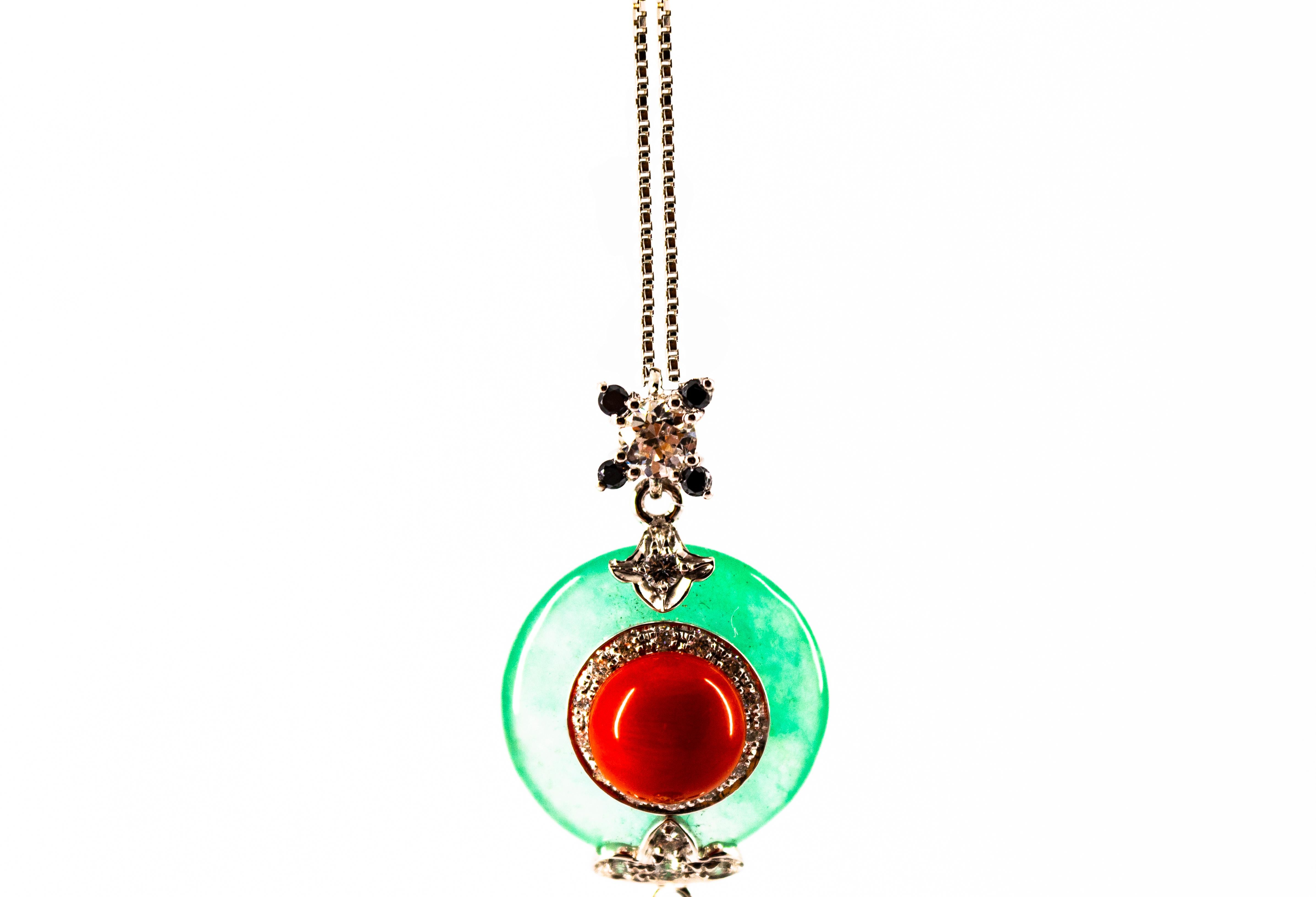 Mediterranean Red Coral 0.42 Carat White Black Diamond Jade White Gold Necklace For Sale 5