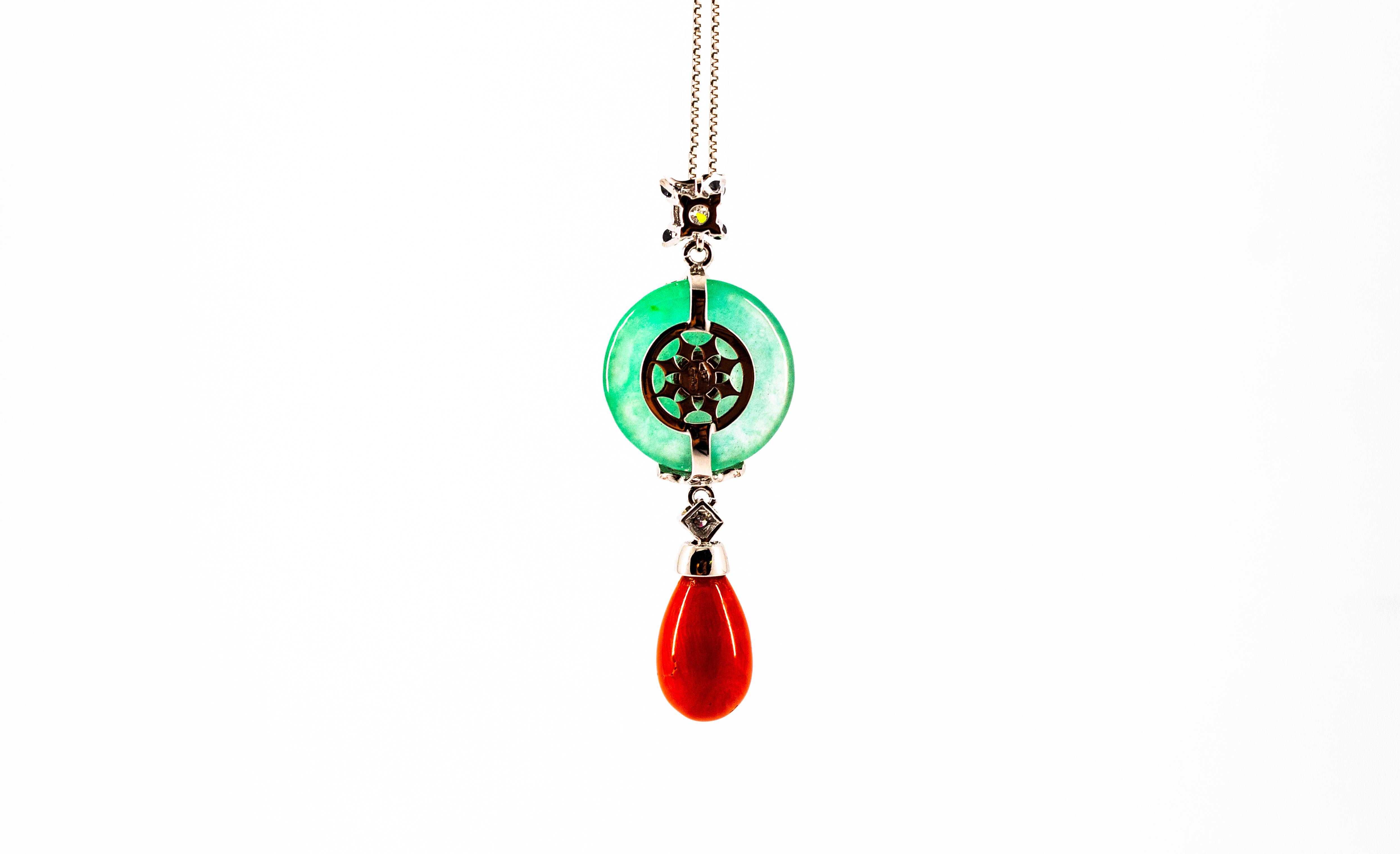 Mediterranean Red Coral 0.42 Carat White Black Diamond Jade White Gold Necklace 8