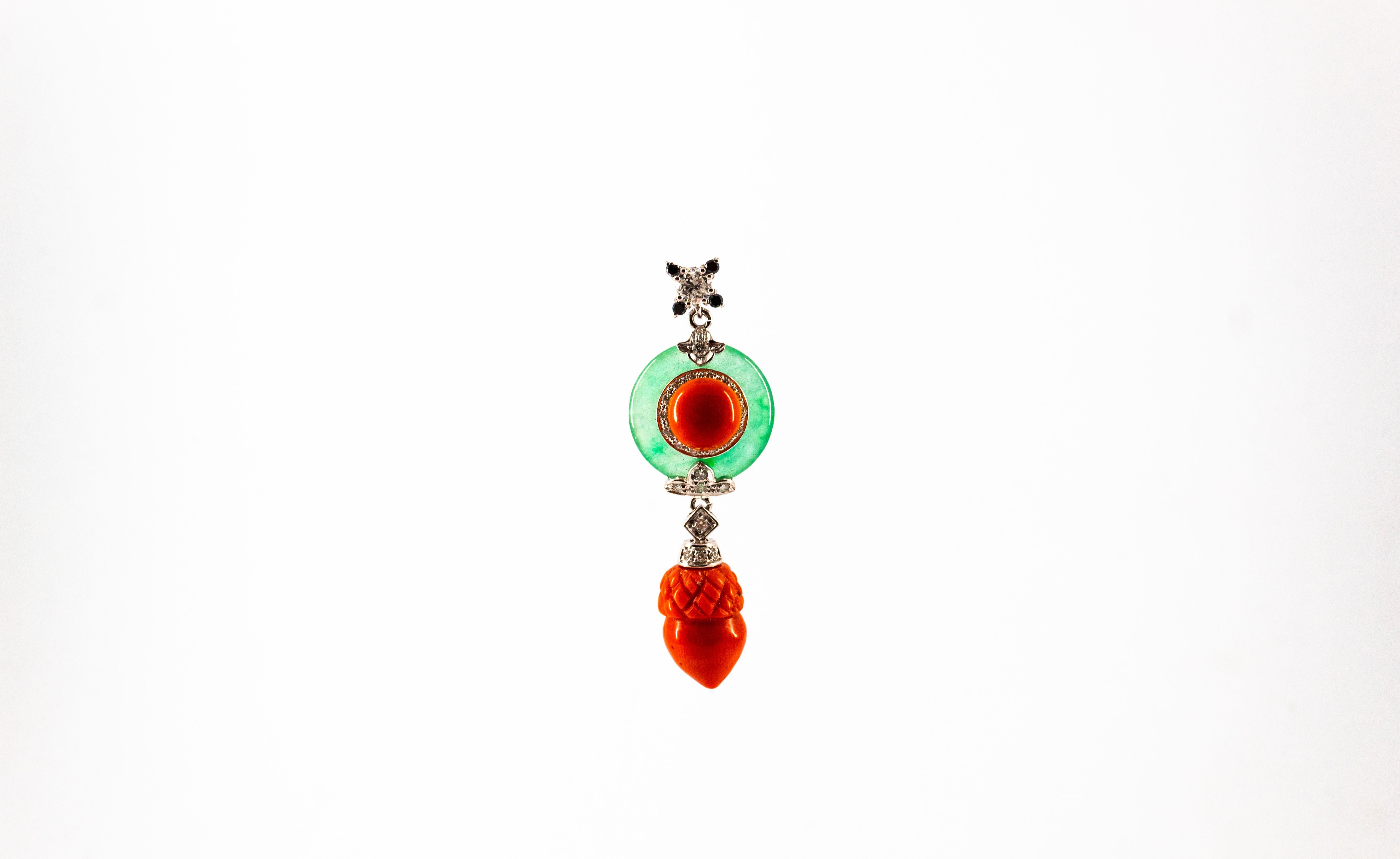 Mediterranean Red Coral 0.42 Carat White Black Diamond Jade White Gold Necklace In New Condition For Sale In Naples, IT