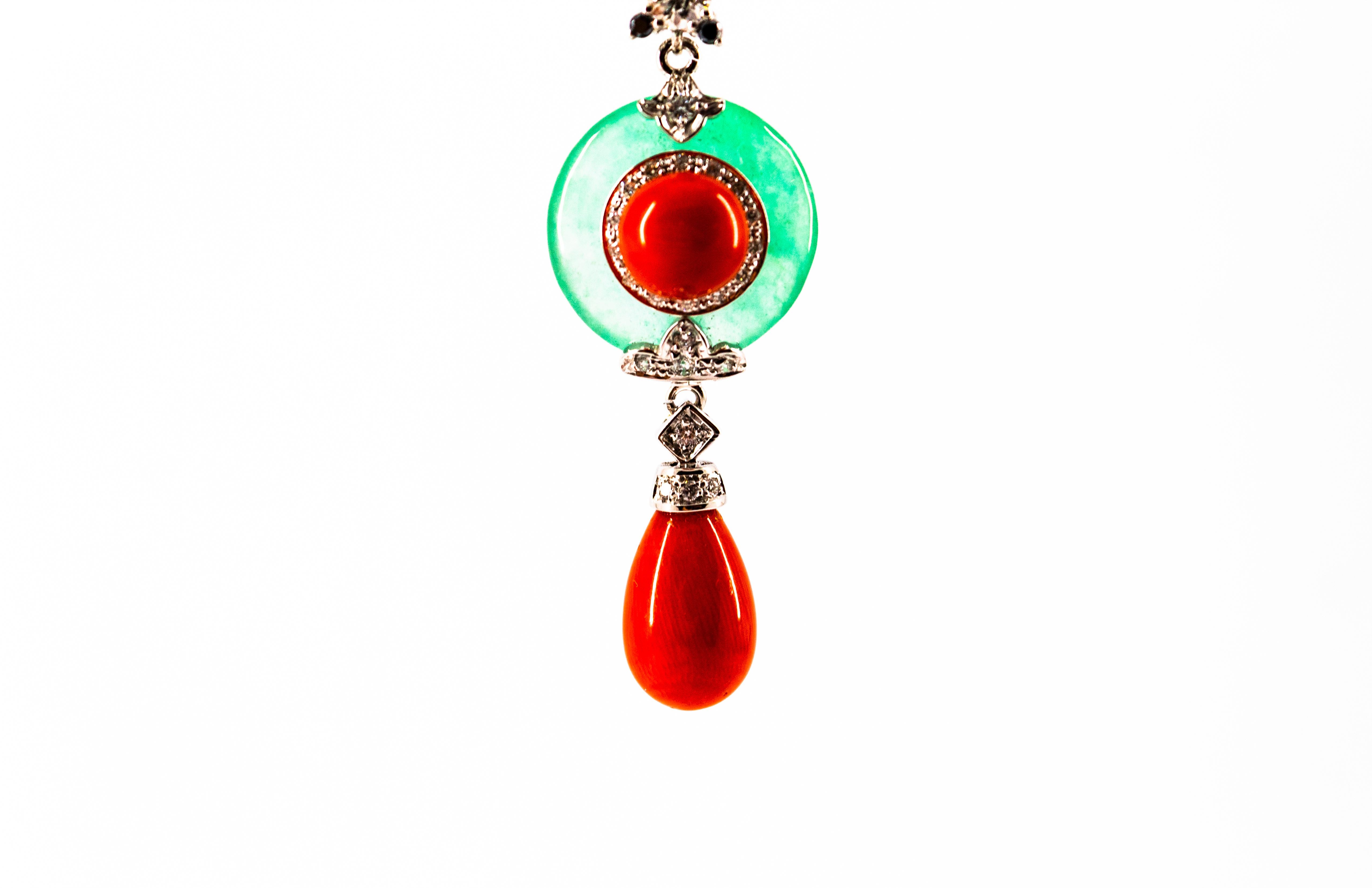 Mediterranean Red Coral 0.42 Carat White Black Diamond Jade White Gold Necklace For Sale 1