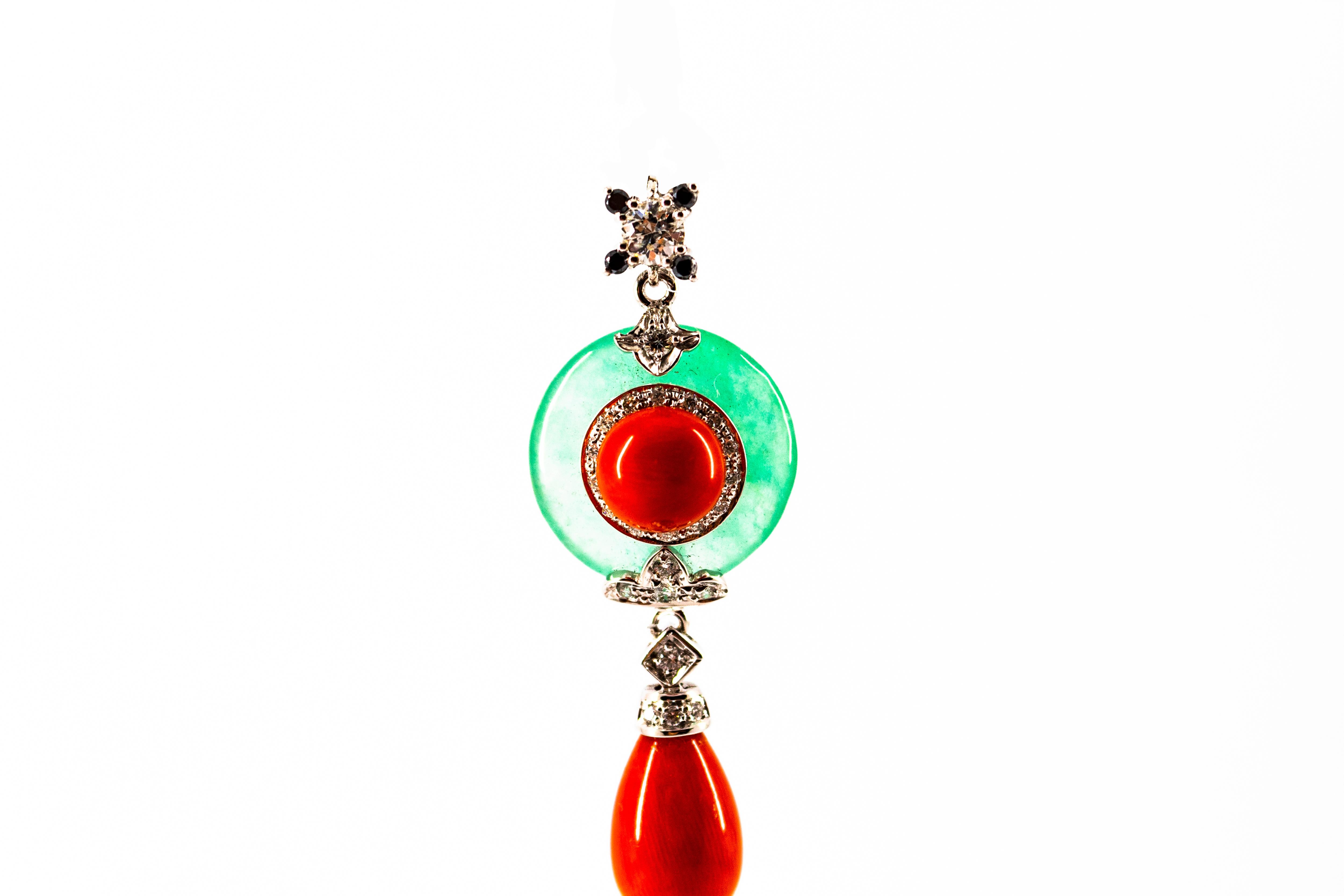 Mediterranean Red Coral 0.42 Carat White Black Diamond Jade White Gold Necklace For Sale 2