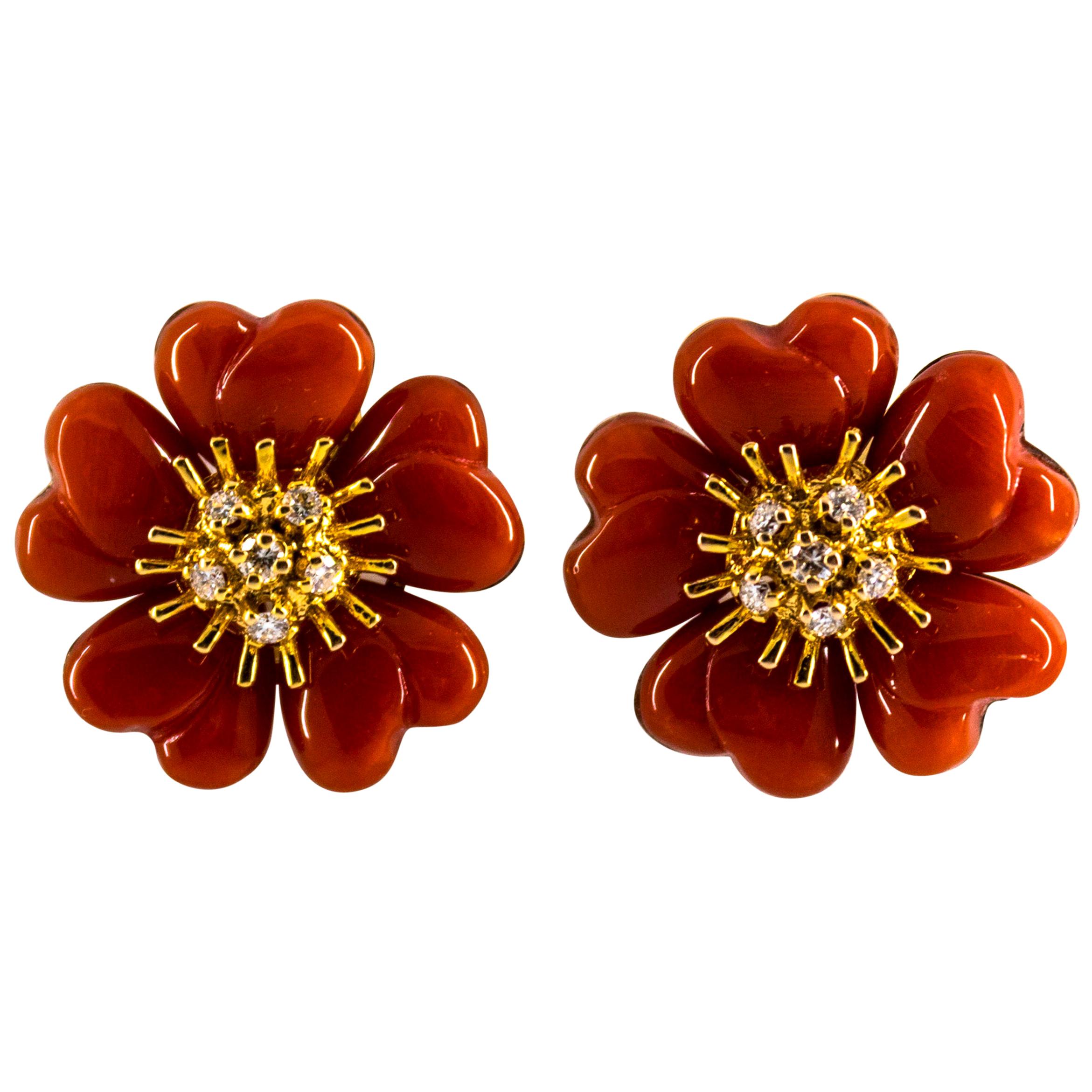 Mediterranean Red Coral 0.45 Carat White Diamond Yellow Gold "Flowers" Earrings