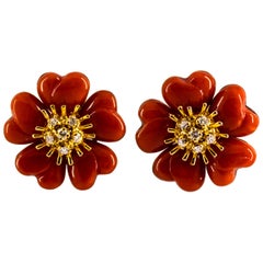 Mediterranean Red Coral 0.45 Carat White Diamond Yellow Gold "Flowers" Earrings
