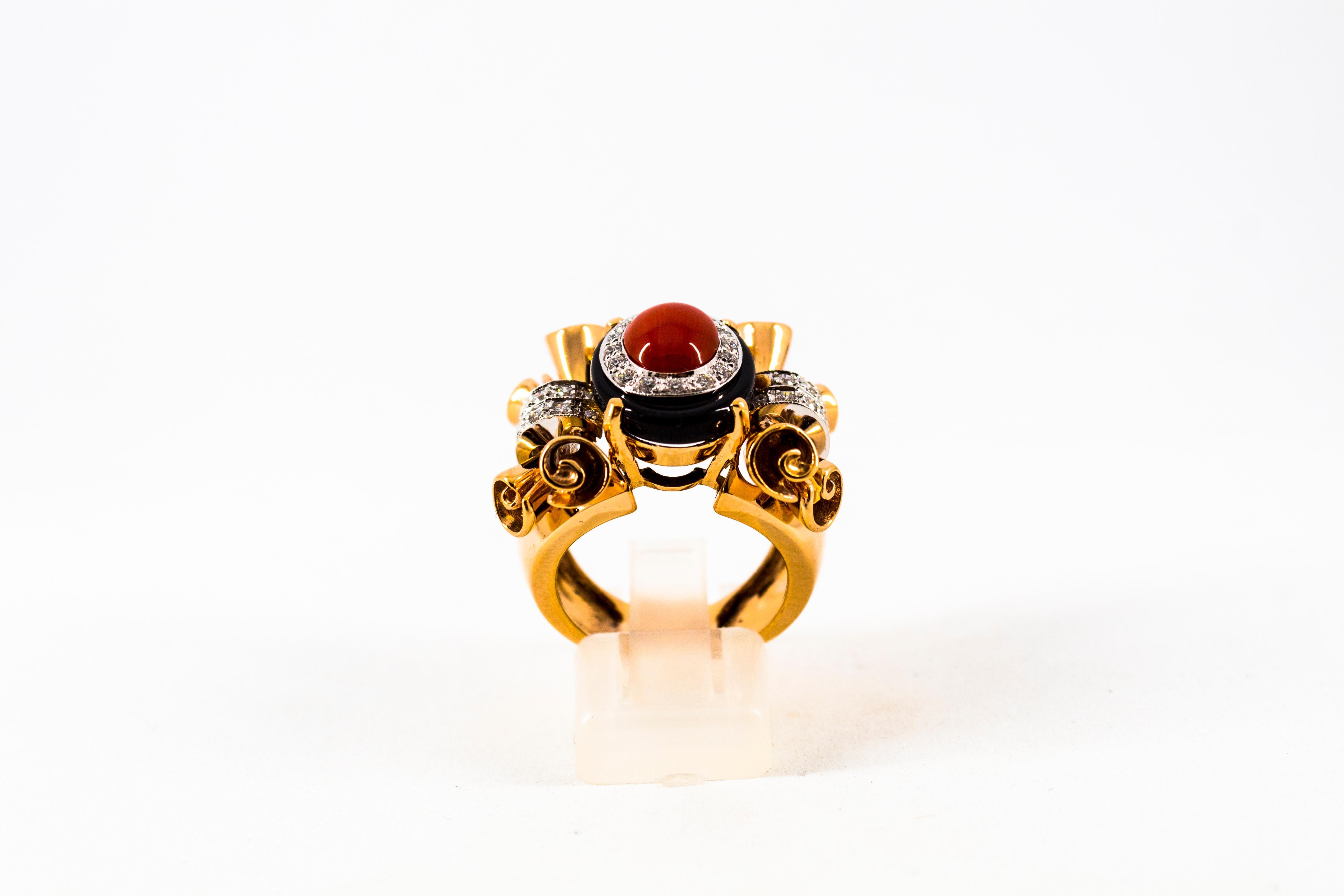 Brilliant Cut Mediterranean Red Coral 0.47 Carat White Diamond Onyx Yellow Gold Cocktail Ring