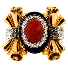 Mediterranean Red Coral 0.47 Carat White Diamond Onyx Yellow Gold Cocktail Ring
