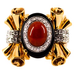 Mediterranean Red Coral 0.47 Carat White Diamond Onyx Yellow Gold Cocktail Ring