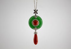 Mediterranean Red Coral 0.55 Carat Diamond Jade White Gold Necklace