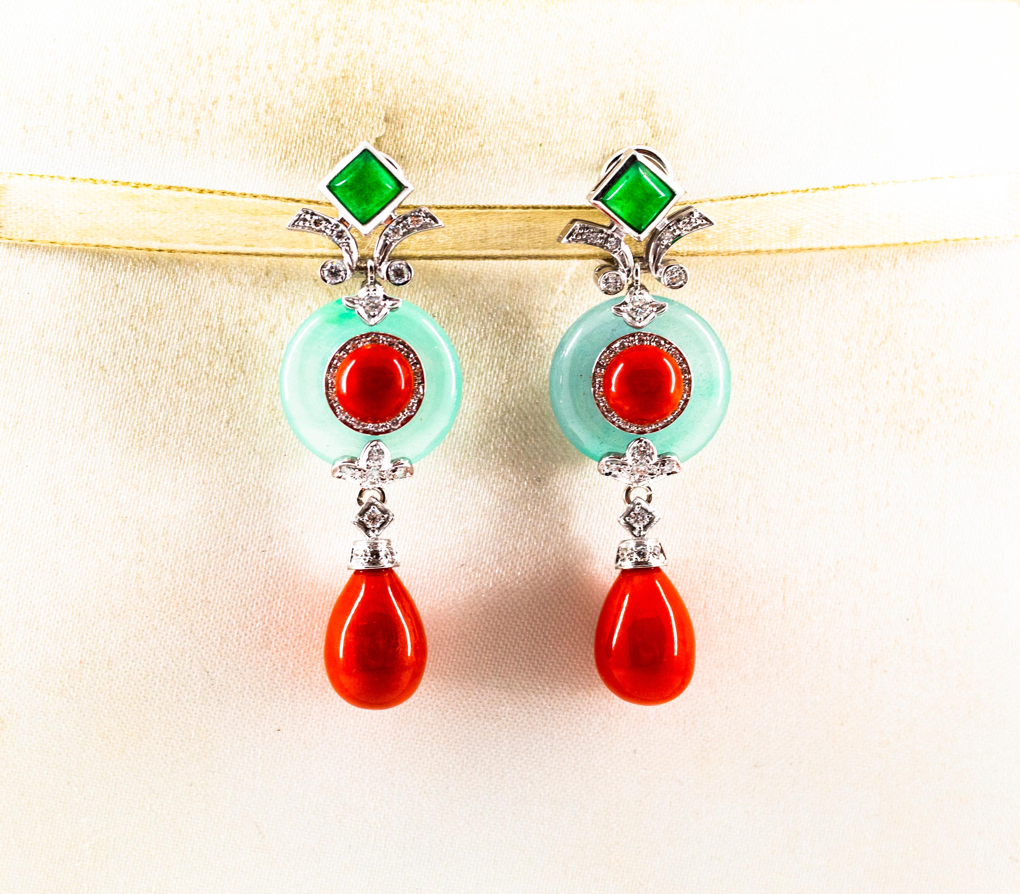 These Clip-On Earrings are made of 14K White Gold.
These Earrings have 0.60 Carats of White Modern Round Cut Diamonds.
These Earrings have also Mediterranean (Sardinia, Italy) Red Coral and Jade.
All our Earrings have pins for pierced ears but we