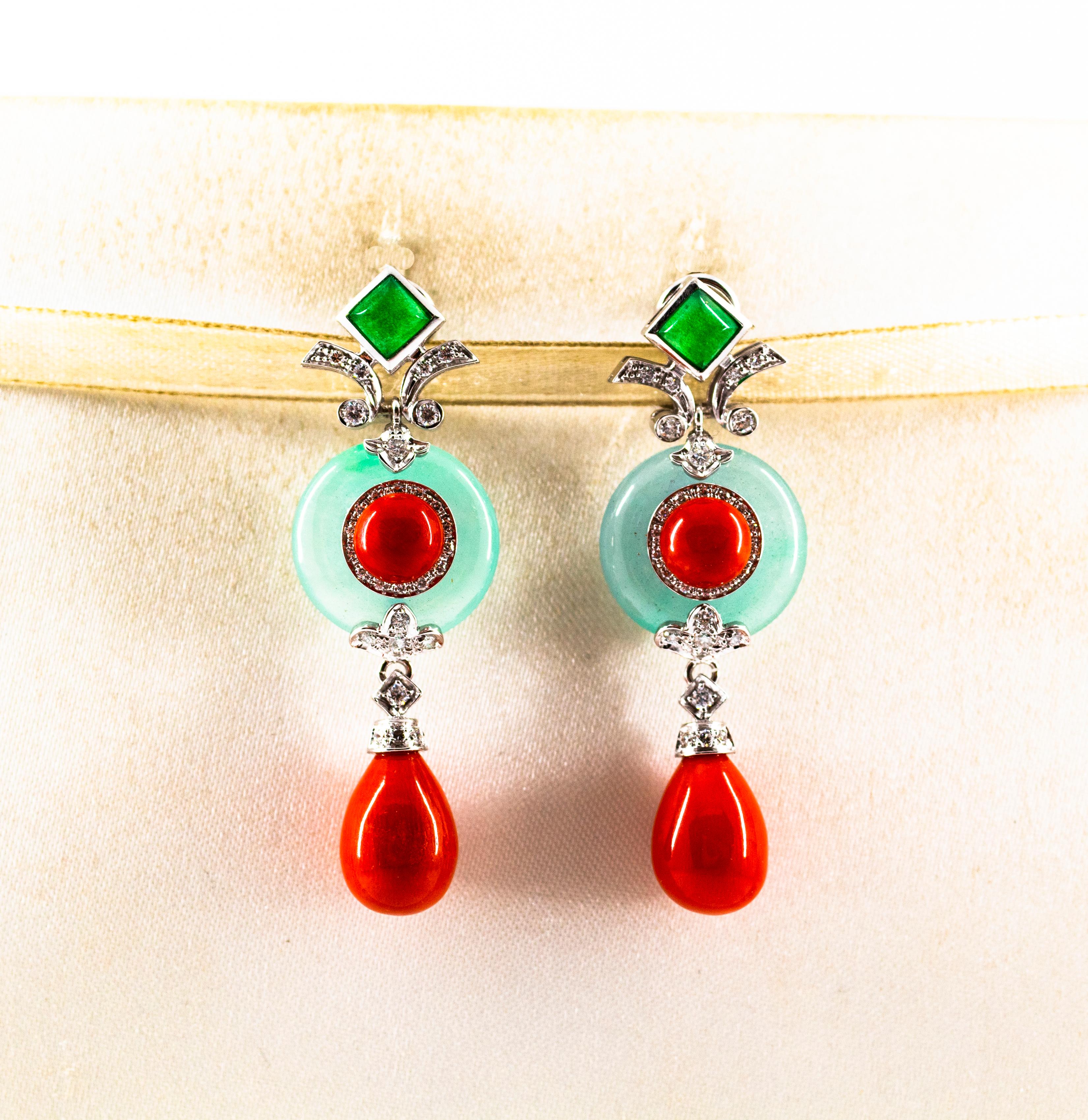 Art Deco Mediterranean Red Coral 0.60 Carat White Diamond Jade White Gold Drop Earrings