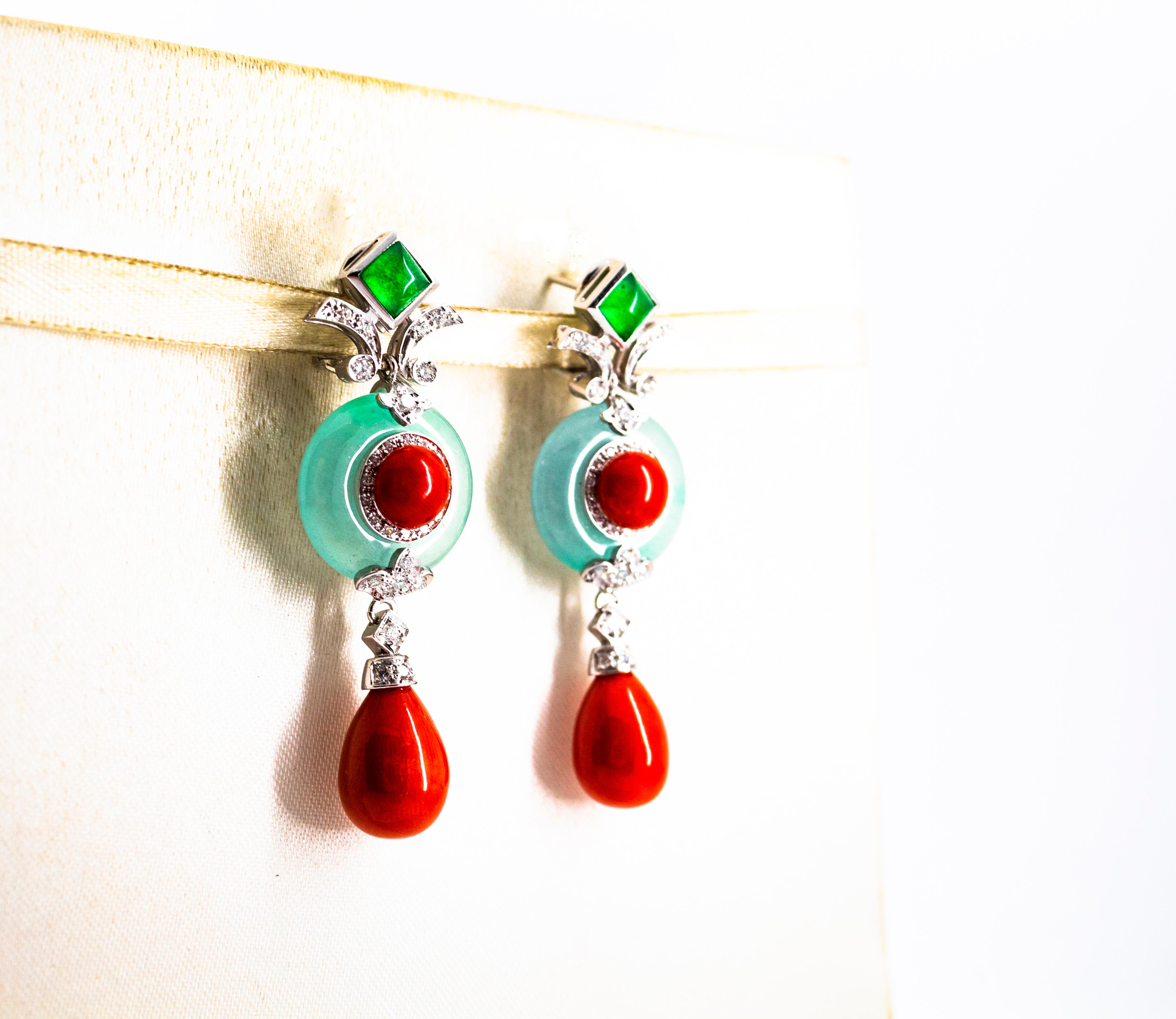 Brilliant Cut Mediterranean Red Coral 0.60 Carat White Diamond Jade White Gold Drop Earrings