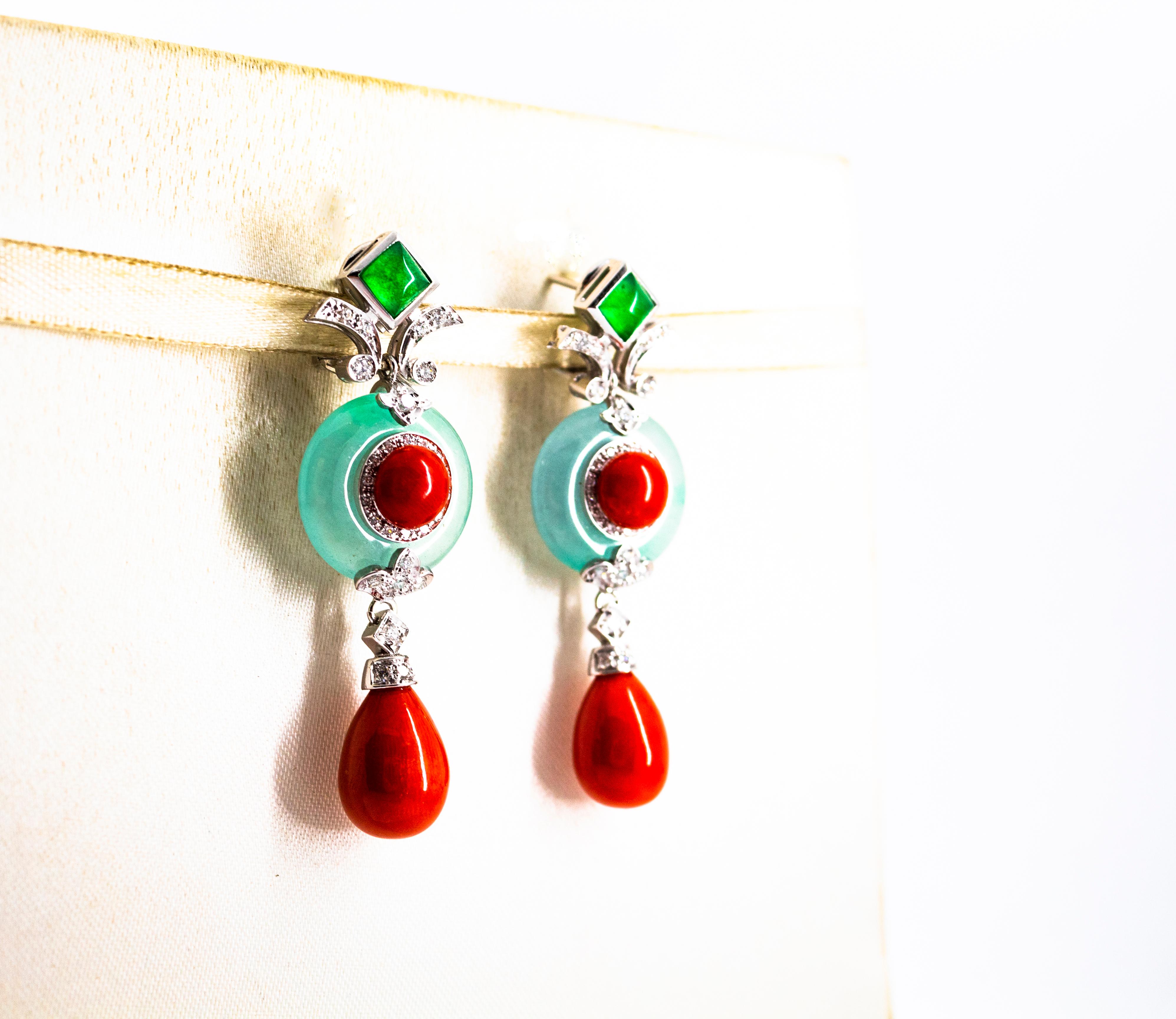 Mediterranean Red Coral 0.60 Carat White Diamond Jade White Gold Drop Earrings In New Condition In Naples, IT