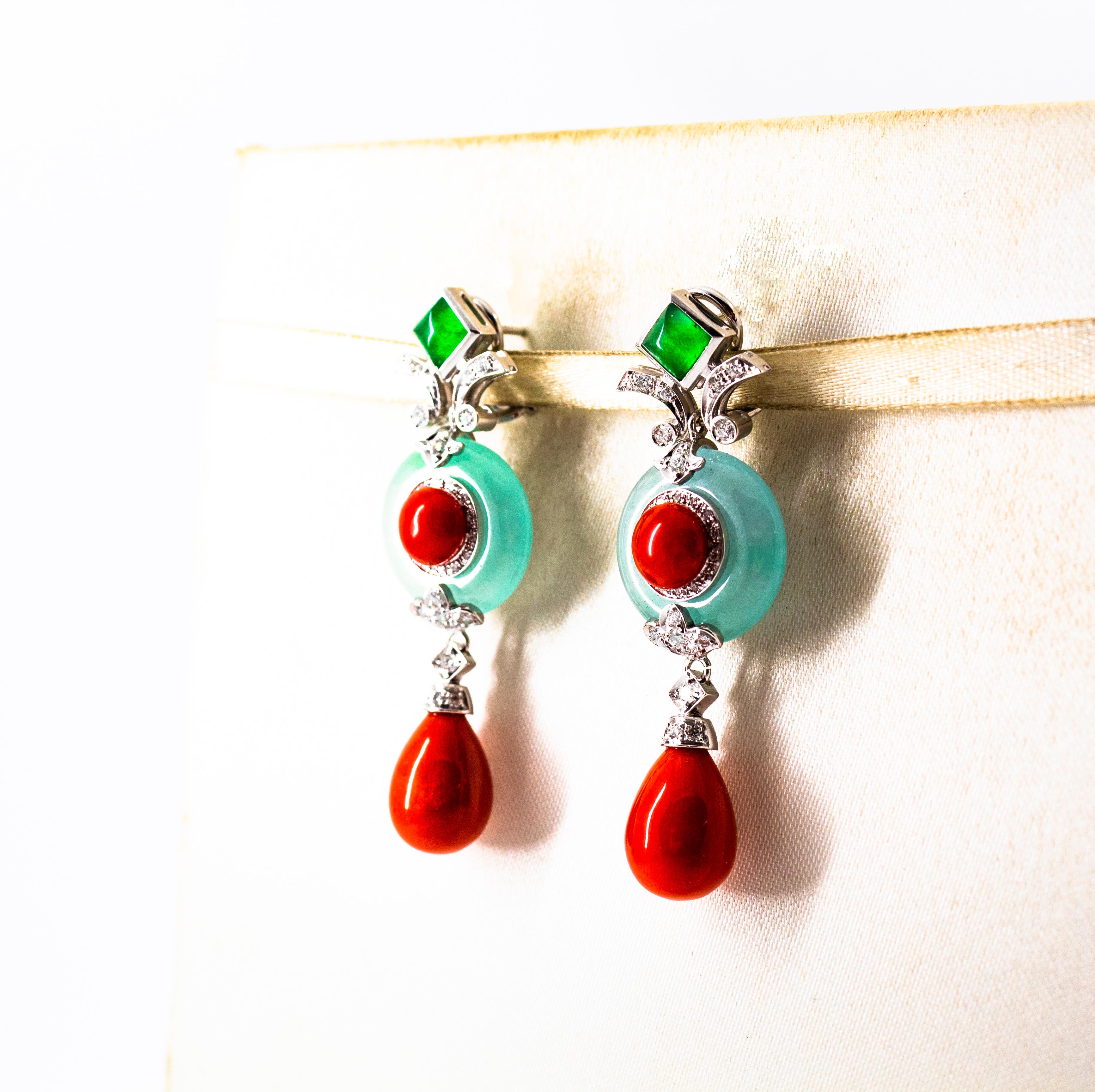 Mediterranean Red Coral 0.60 Carat White Diamond Jade White Gold Drop Earrings In New Condition In Naples, IT