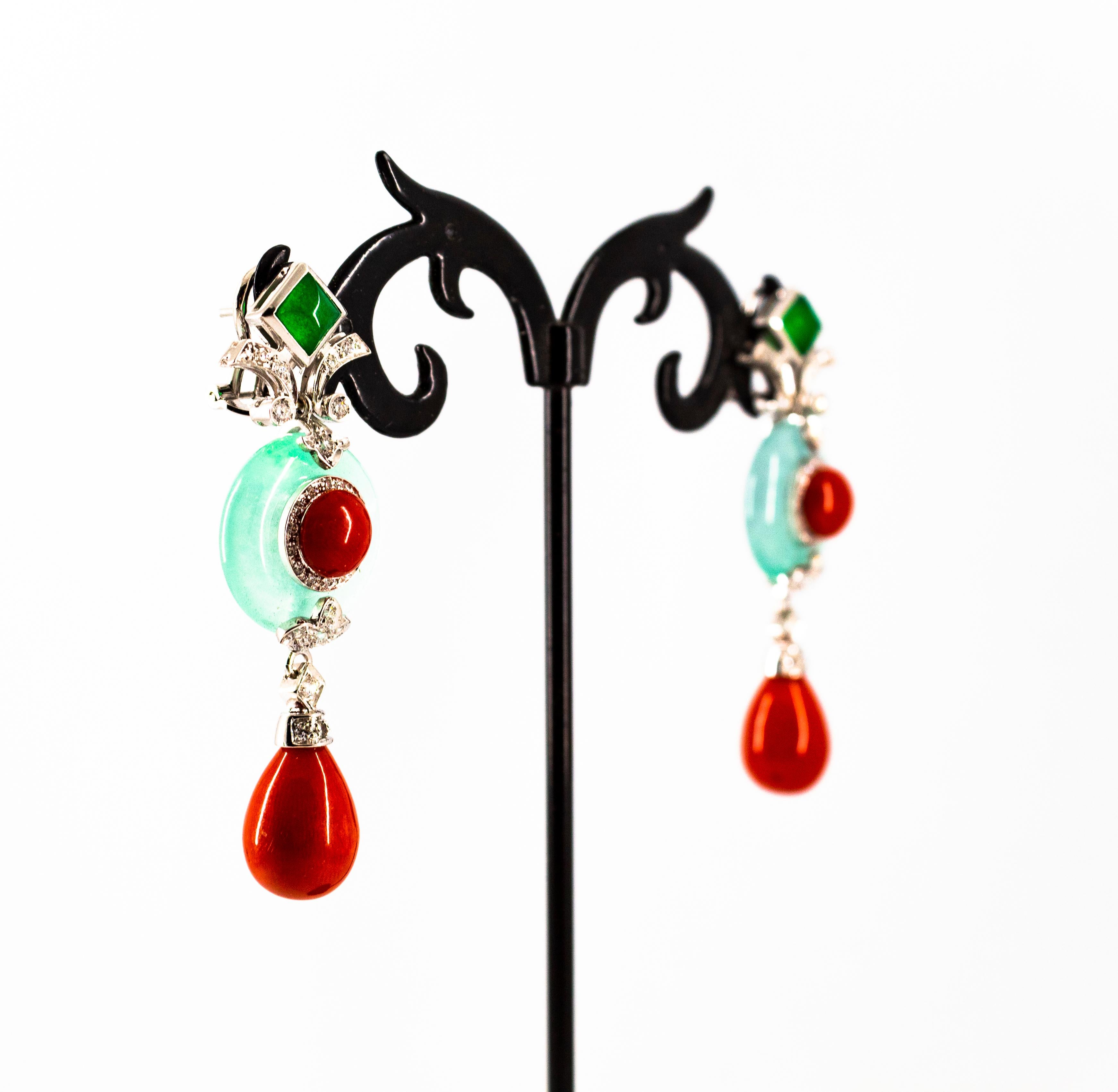 Mediterranean Red Coral 0.60 Carat White Diamond Jade White Gold Drop Earrings 1