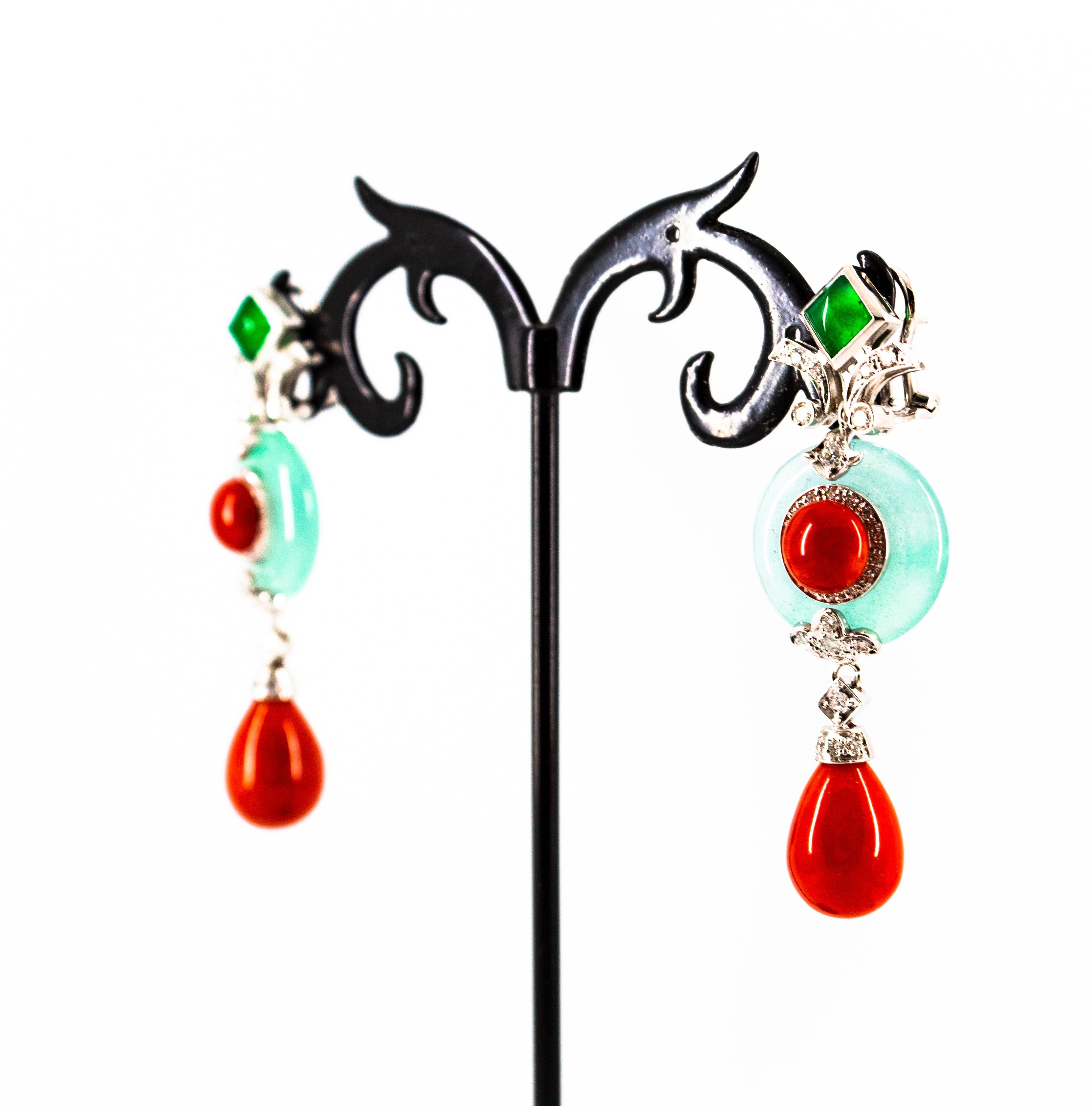 Mediterranean Red Coral 0.60 Carat White Diamond Jade White Gold Drop Earrings 3