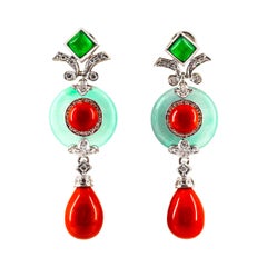 Mediterranean Red Coral 0.60 Carat White Diamond Jade White Gold Drop Earrings