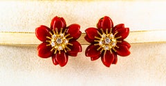 Mediterranean Red Coral 0.60 Carat White Diamond Yellow Gold "Flowers" Earrings
