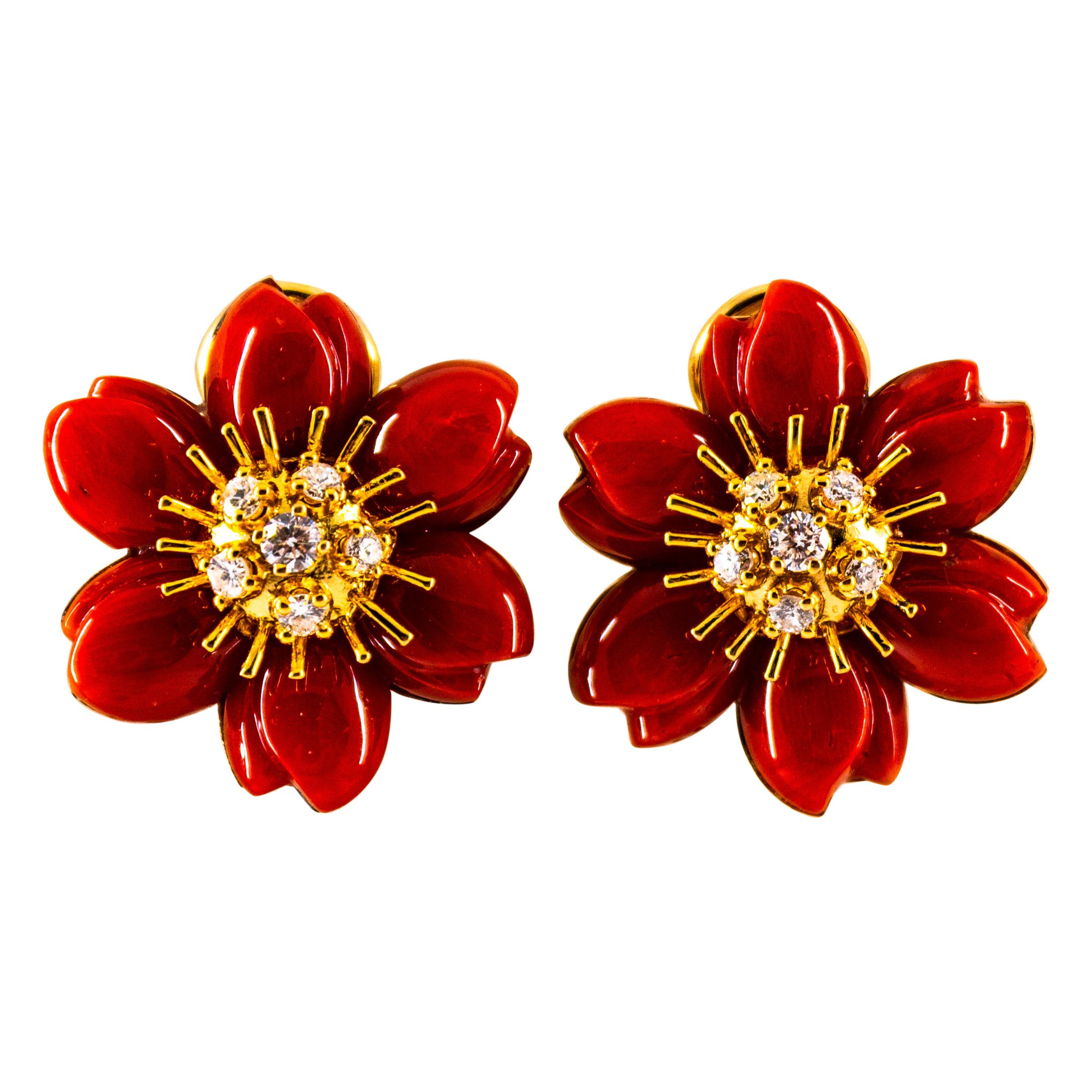 Mediterranean Red Coral 0.60 Carat White Diamond Yellow Gold "Flowers" Earrings