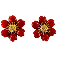 Mediterranean Red Coral 0.65 Carat White Diamond Yellow Gold "Flowers" Earrings