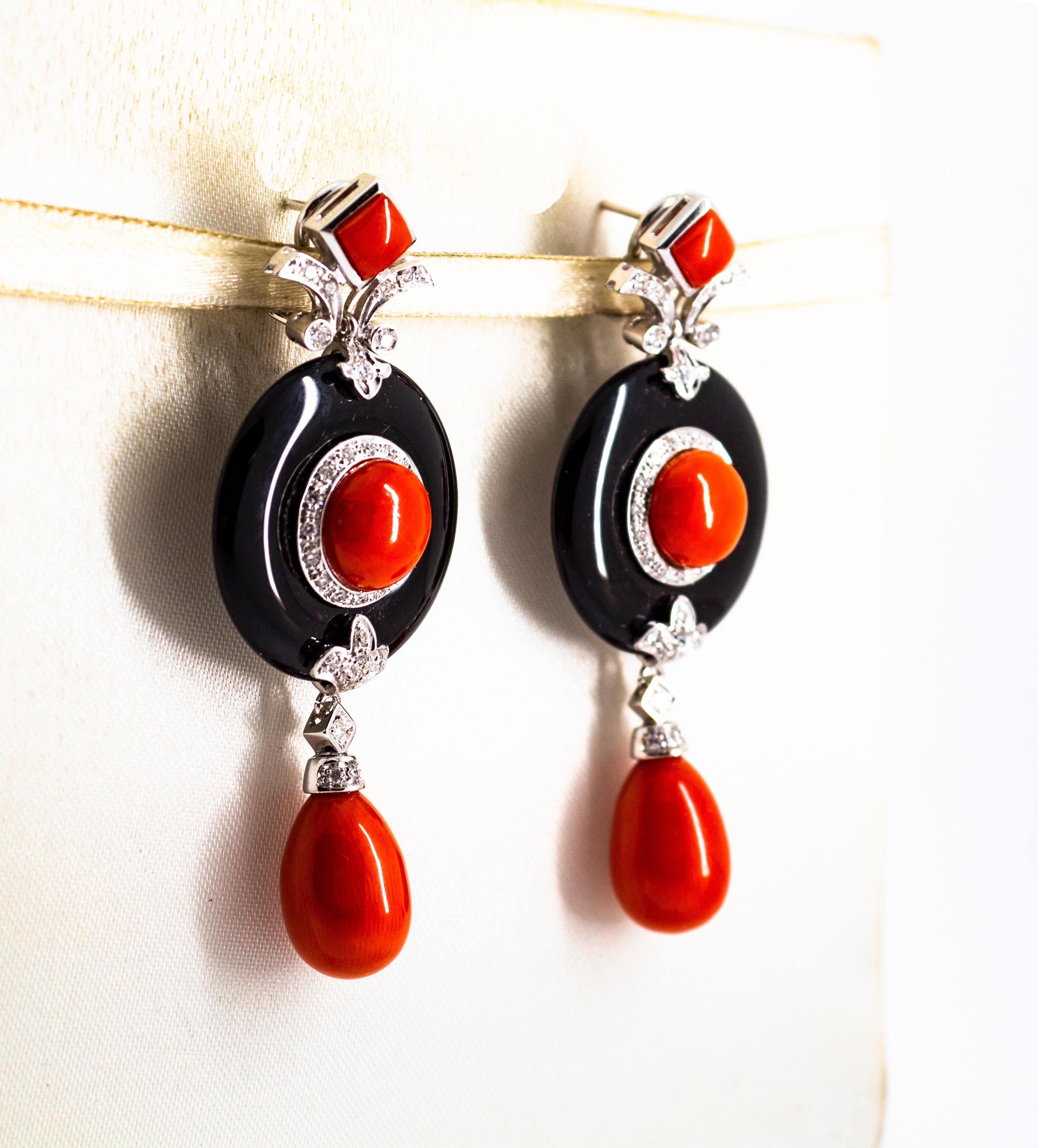 Mediterranean Red Coral 0.70 Carat White Diamond Onyx White Gold Drop Earrings In New Condition In Naples, IT
