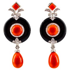 Mediterranean Red Coral 0.70 Carat White Diamond Onyx White Gold Drop Earrings