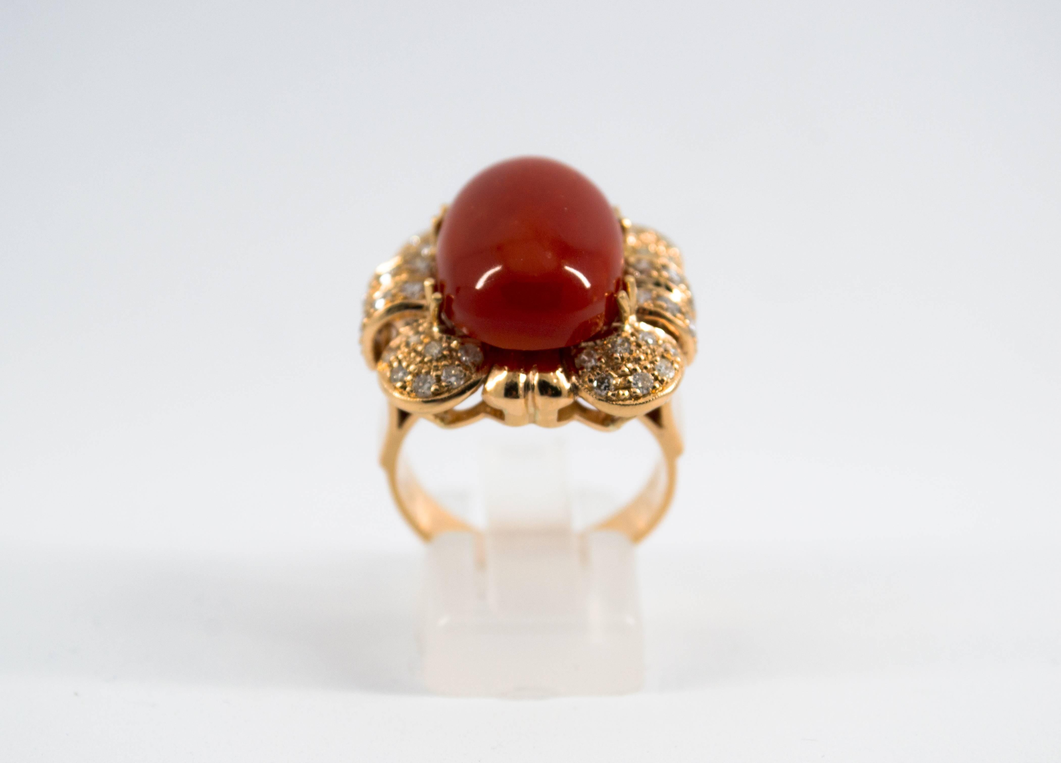 This Ring is made of 14K Yellow Gold.
This Ring has 0.70 Carats of White Diamonds.
This Ring has Mediterranean (Sardinia, Italy) Red Coral.
Size ITA: 15 USA: 7
We're a workshop so every piece is handmade, customizable and resizable.