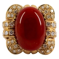 Mediterranean Red Coral 0.70 Carat White Diamond Yellow Gold Cocktail Ring