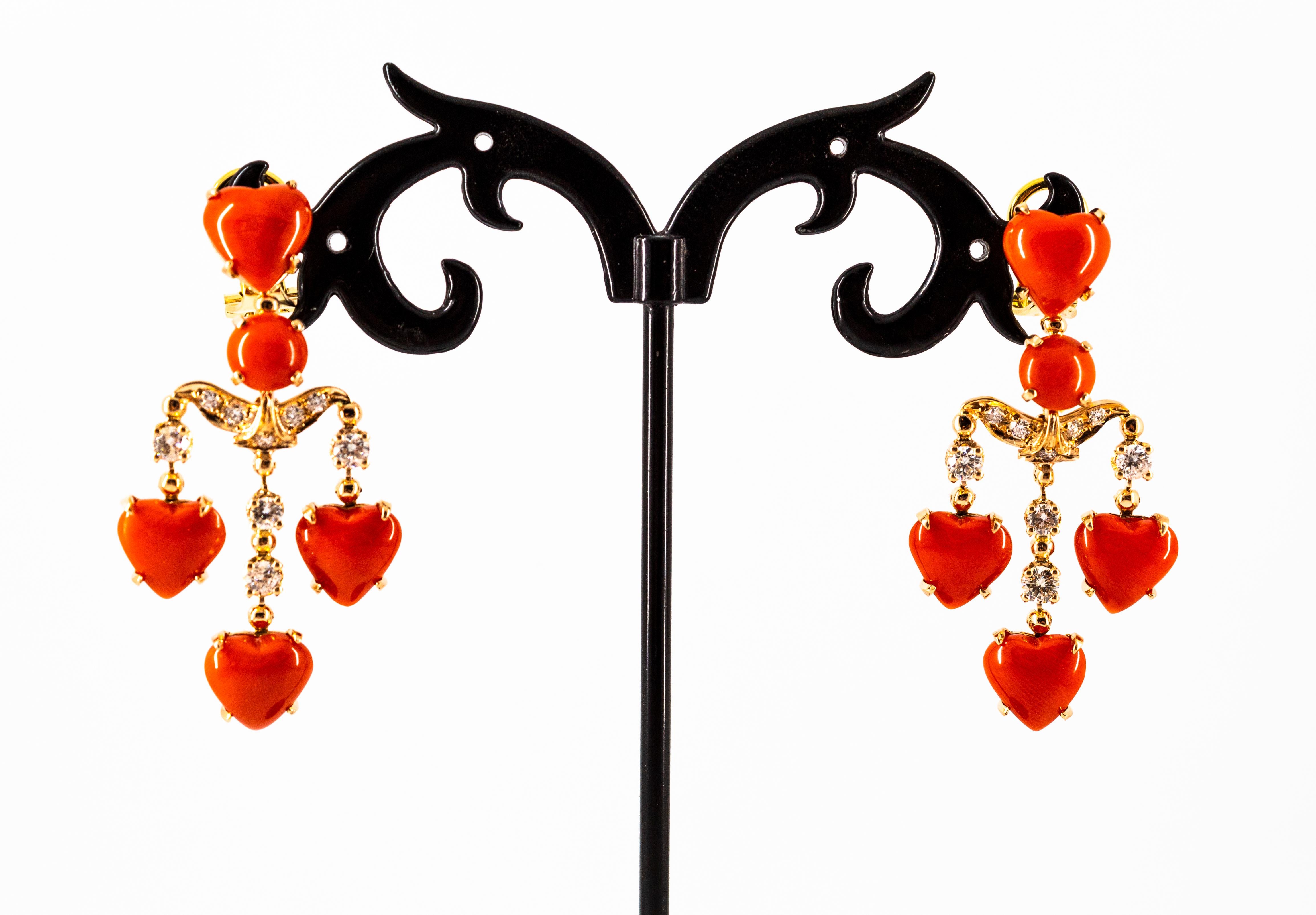 Mediterranean Red Coral 0.90 Carat White Diamond Yellow Gold Clip-On Earrings For Sale 4