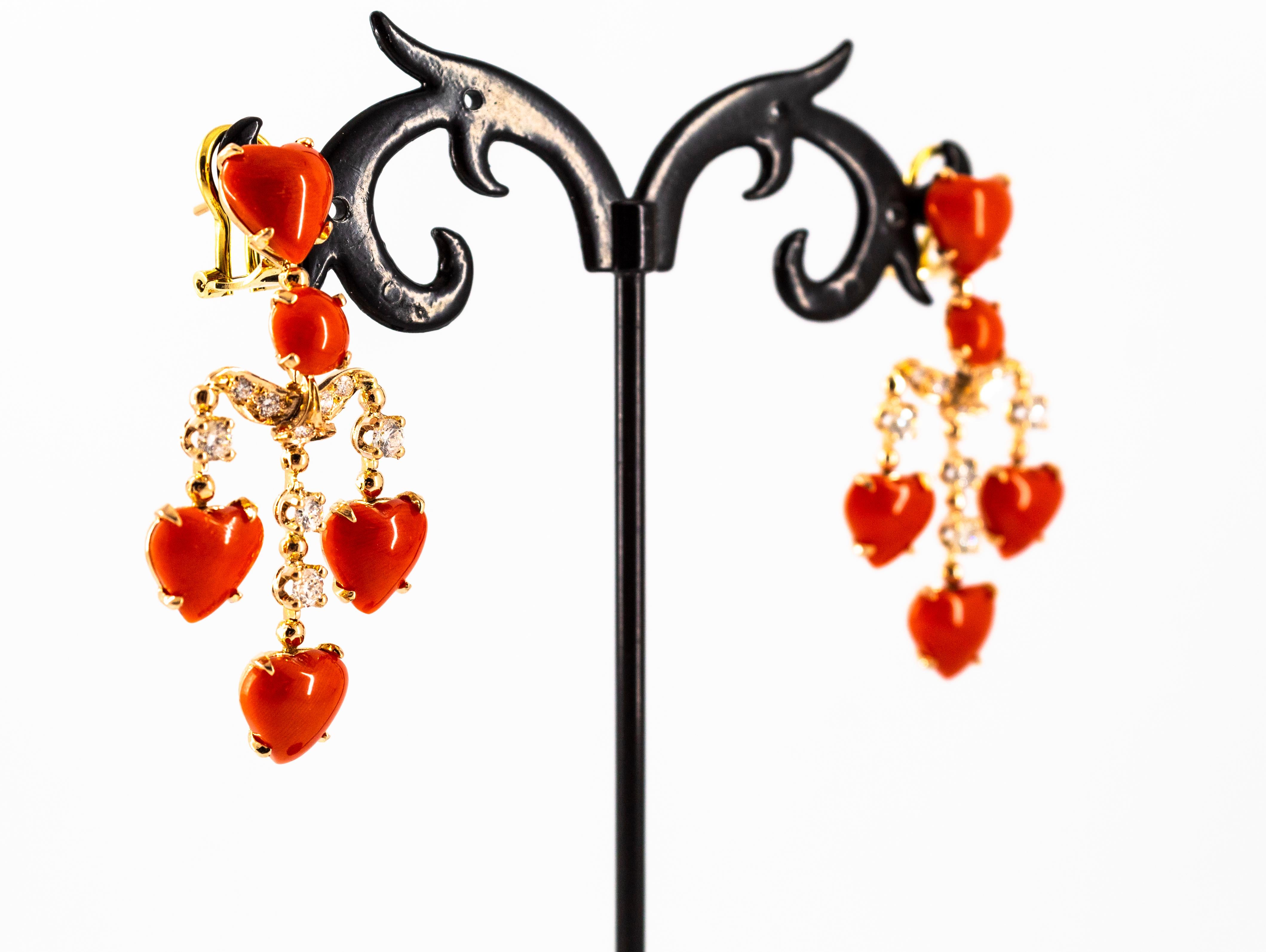 Mediterranean Red Coral 0.90 Carat White Diamond Yellow Gold Clip-On Earrings For Sale 5