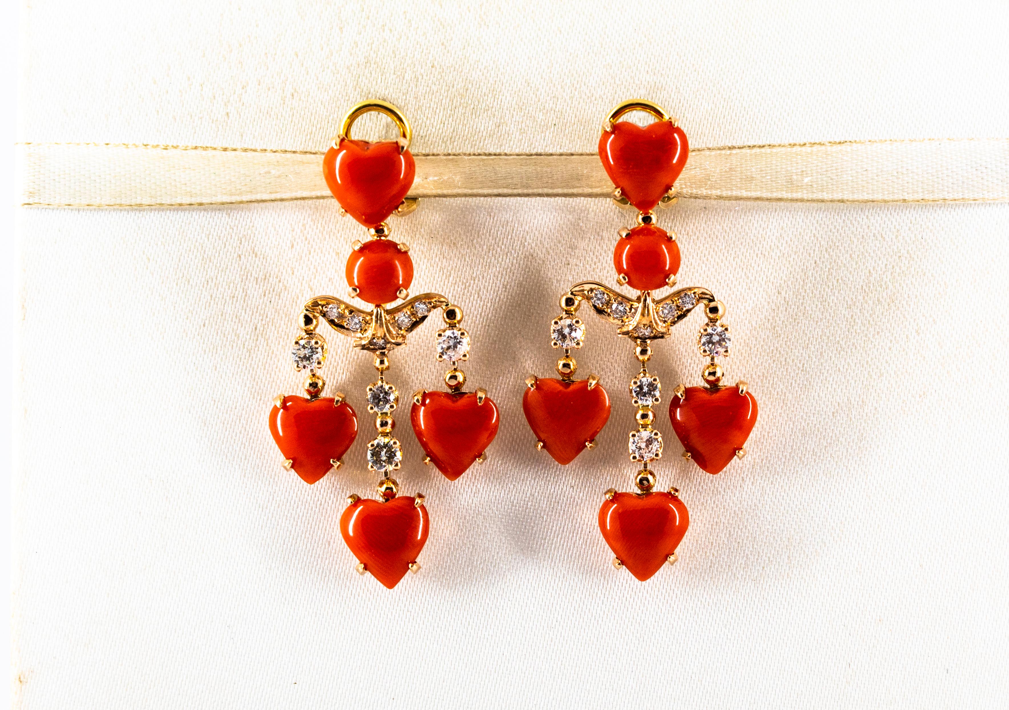 Brilliant Cut Mediterranean Red Coral 0.90 Carat White Diamond Yellow Gold Clip-On Earrings