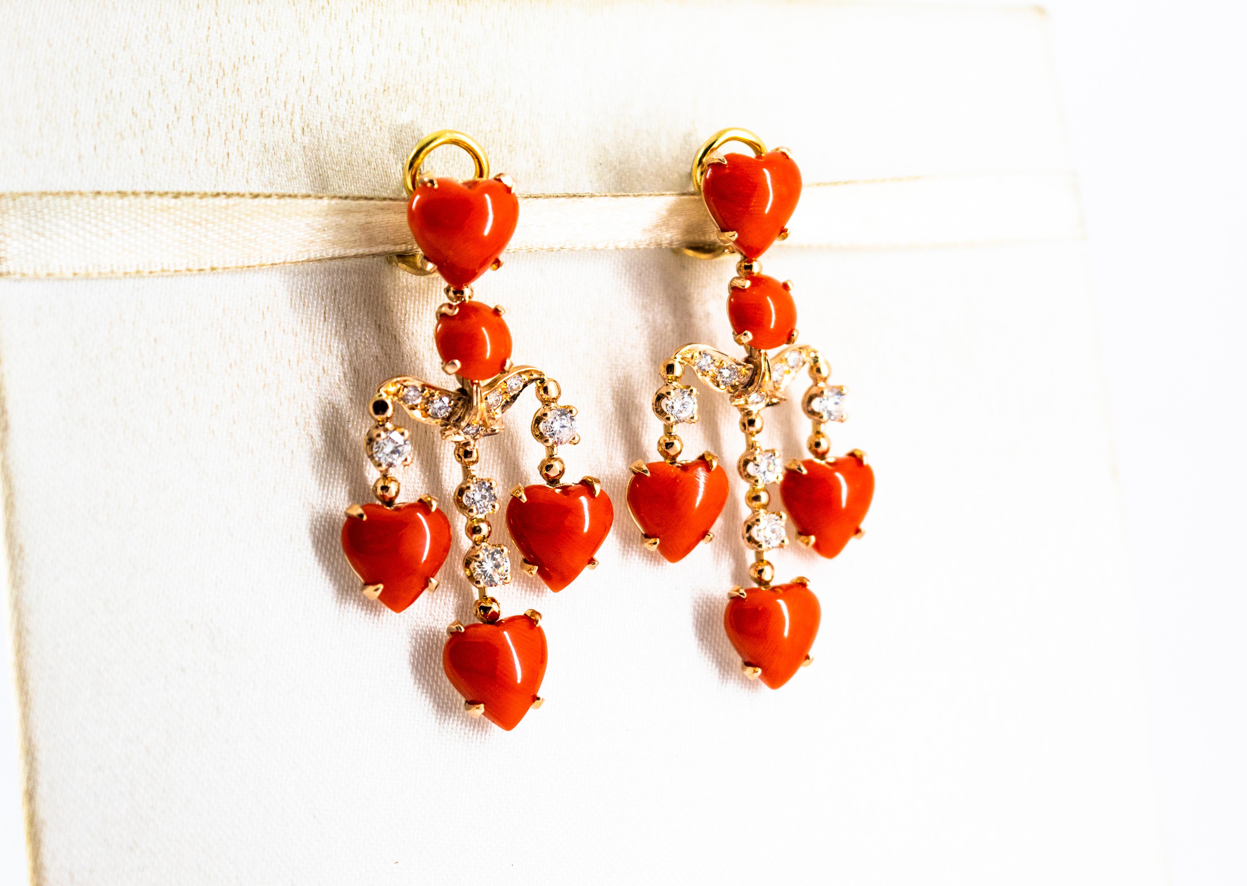 Women's or Men's Mediterranean Red Coral 0.90 Carat White Diamond Yellow Gold Clip-On Earrings